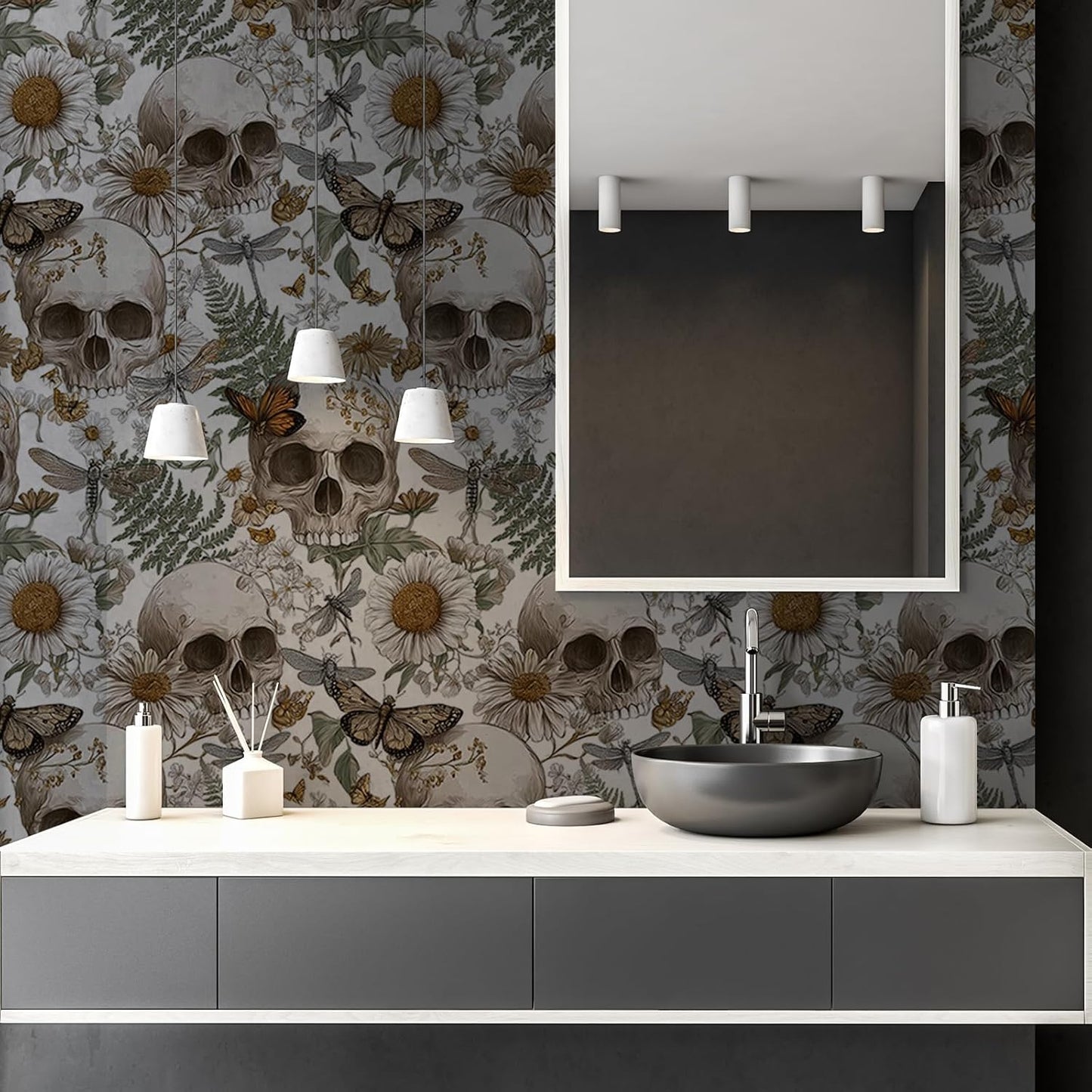 Skulls and Vintage Botanical Peel and Stick Wallpaper / 17.7 x 118.1 / Green/browns/white