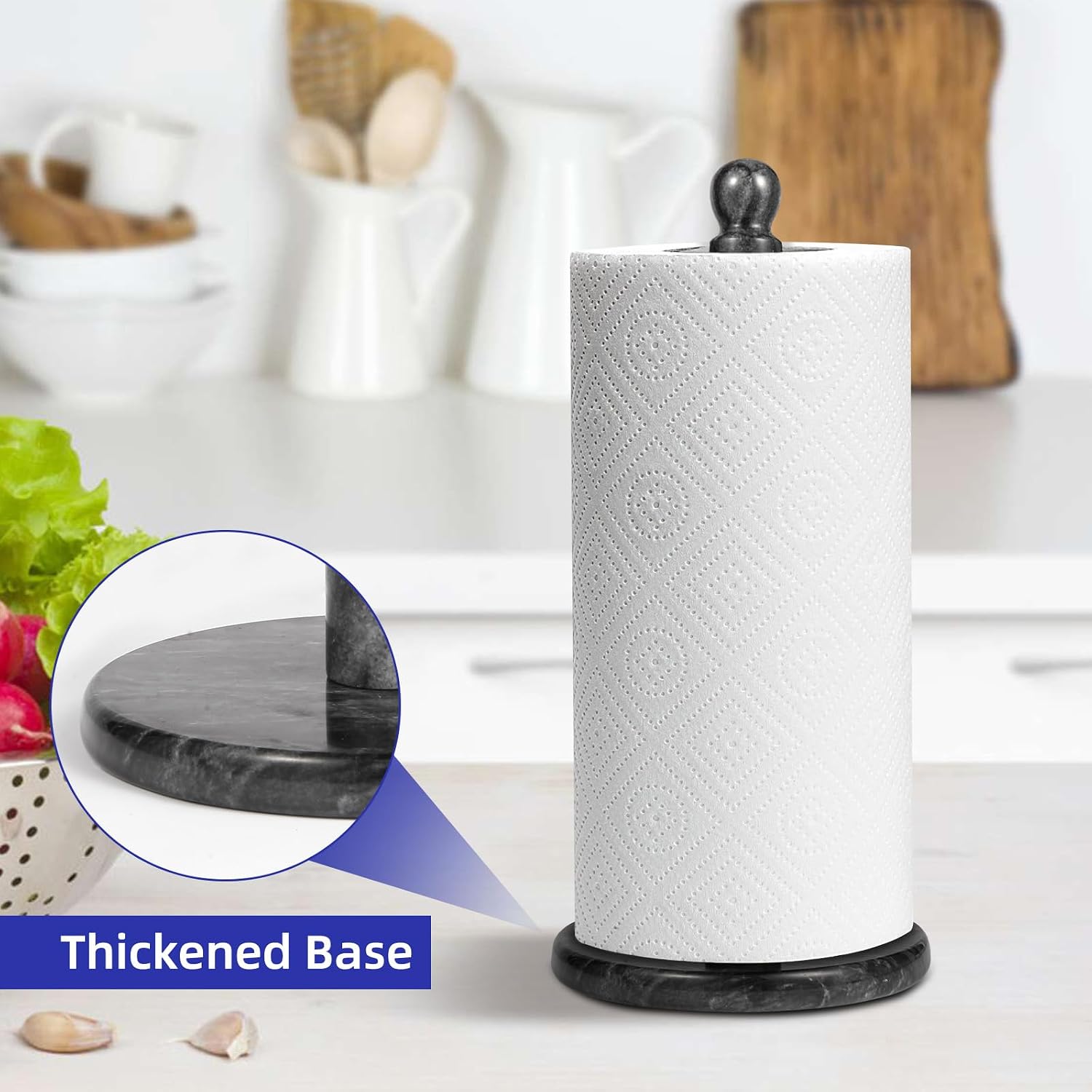 Natural Marble Paper Towel Holder for Kitchen Countertop - 2.6 lbs Heavy Duty Weighted Base for One-Handed Tearing