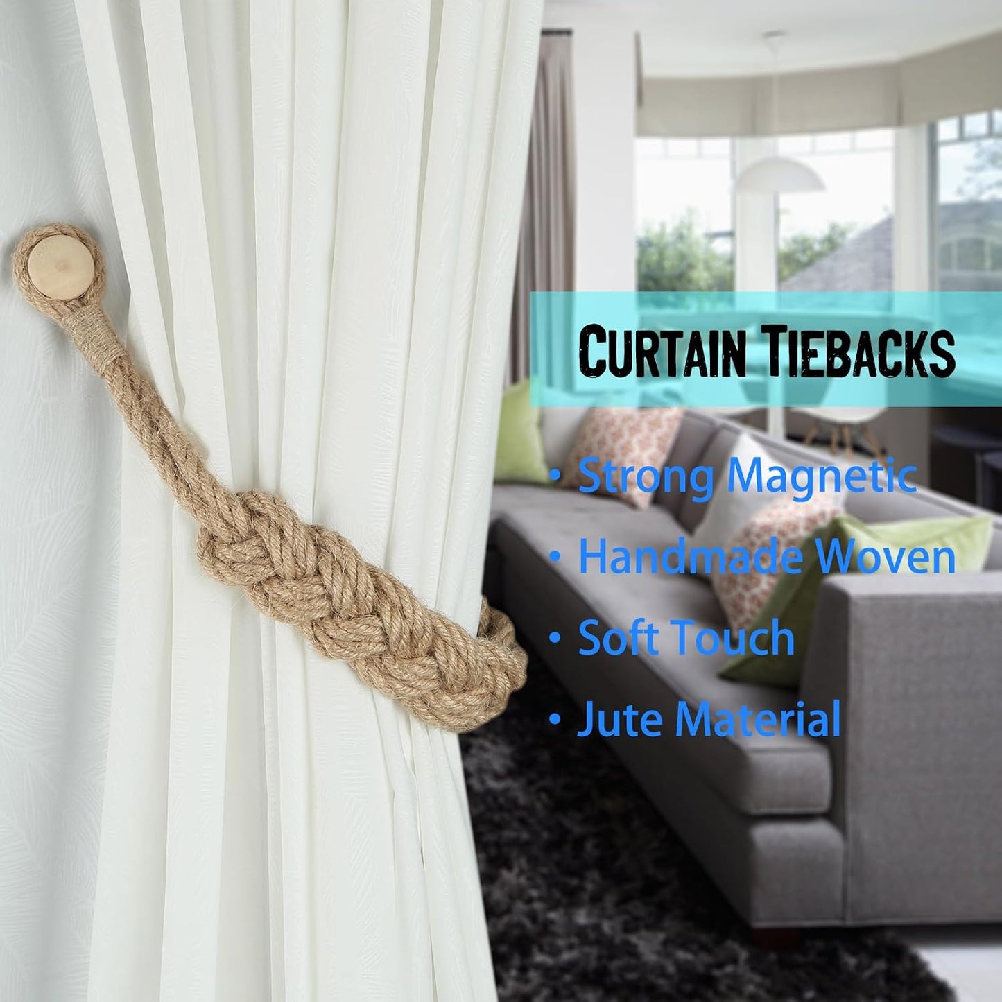 BEL AVENIR Jute Curtain Tiebacks Magnetic 4 Pack Woven Drapery Holdback | Handmade Curtain Ties, No Drill, for Outdoor