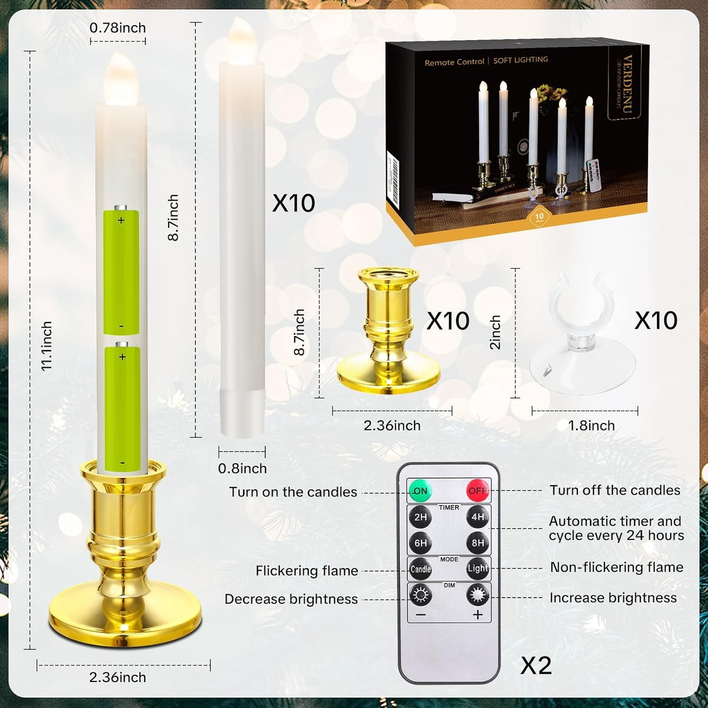Verdenu 10 Pack Christmas Window Candles with 2 Remote Controls | Battery Operated Flameless Candles with 4 Timer