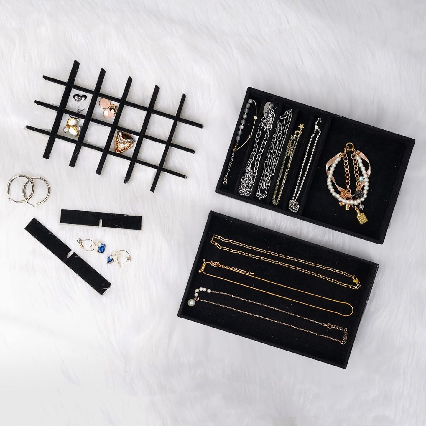 Stackable Jewelry Organizer Trays for Drawers / 4 Layers / Allblack