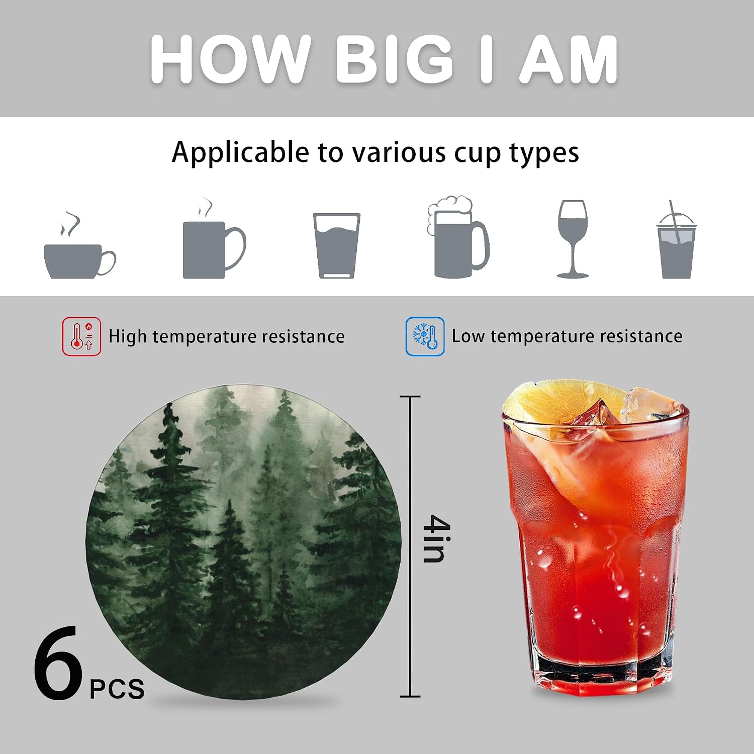 Holder / Absorbent Round Ceramic Coaster for Tabletop / Watercolor Landscape Pine Forest / Set of 6