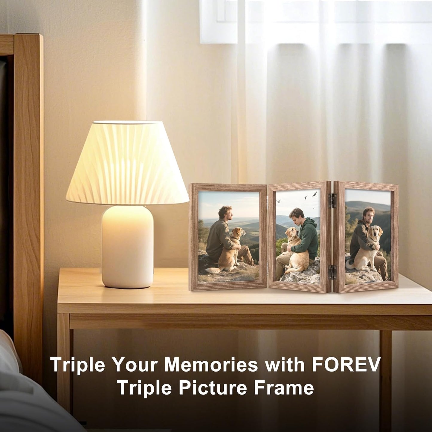 3 Picture Frame Triple Wooden Three Hinged Photo Frame Definition Glass Stand / Grain / 4 x 6