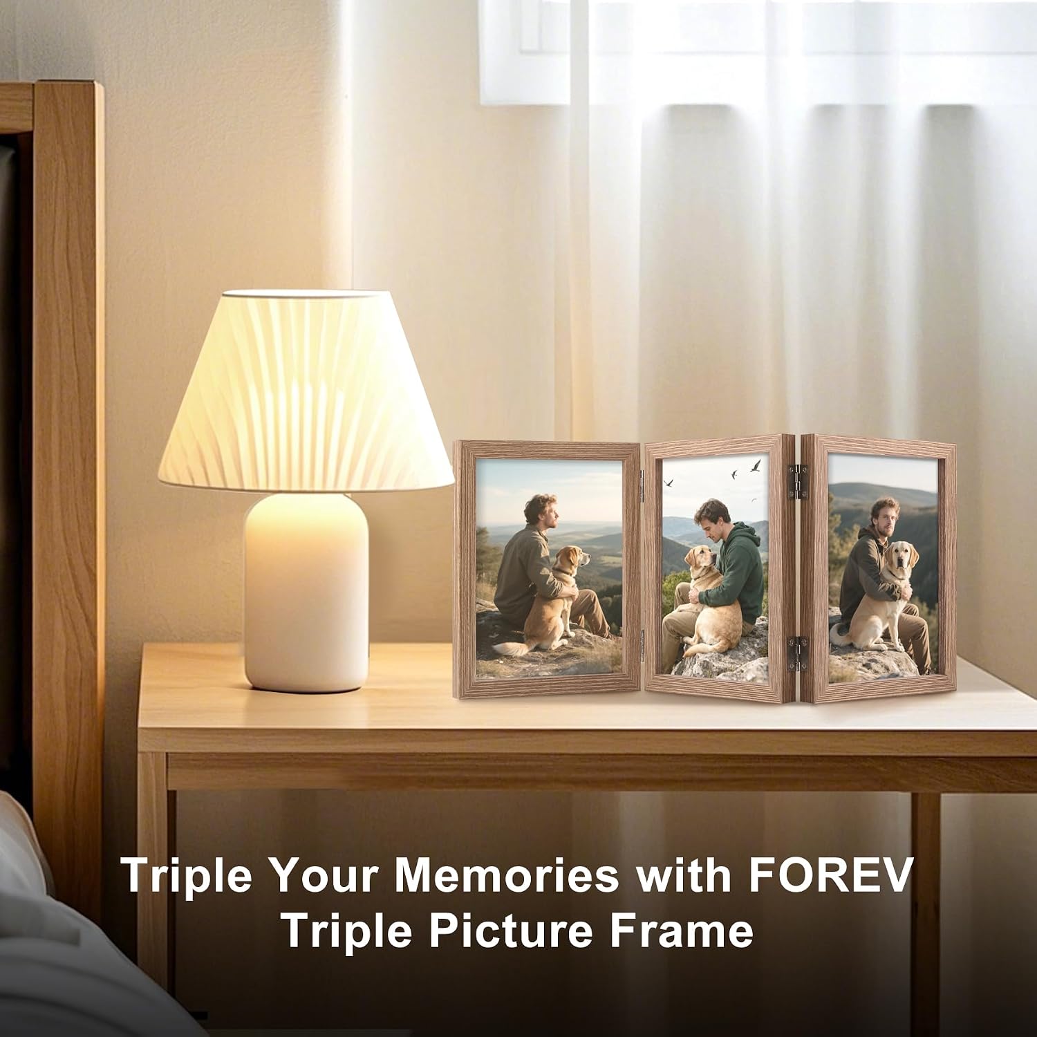 3 Picture Frame Triple Wooden Three Hinged Photo Frame Definition Glass Stand / Grain / 4 x 6