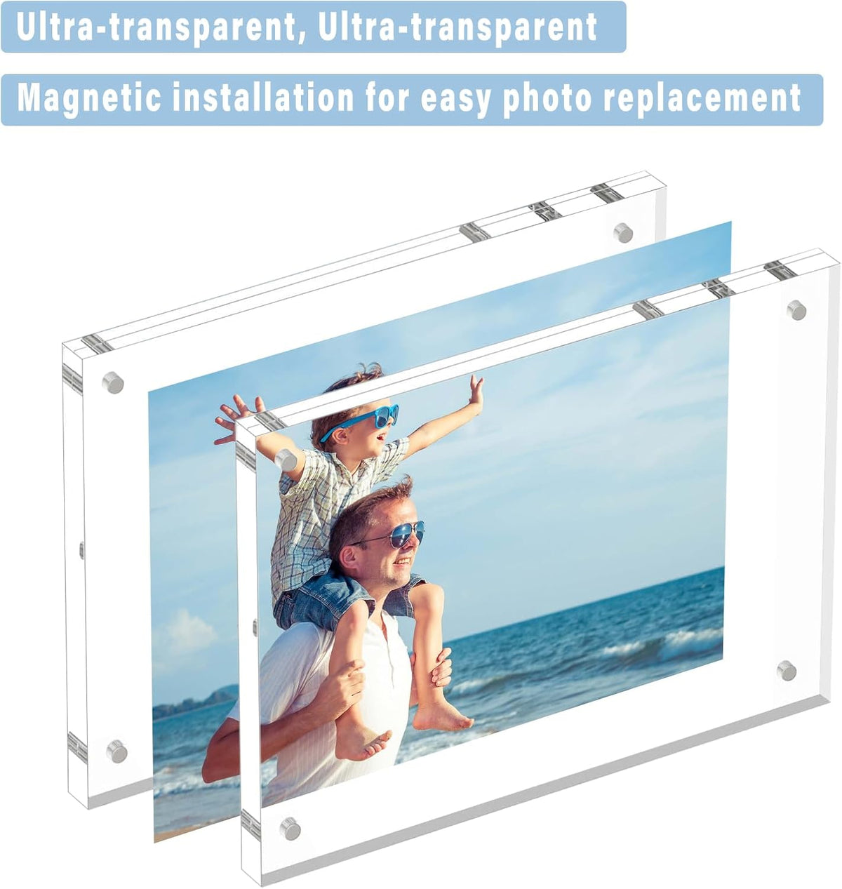 HELPLEX Acrylic Frame, 5 Pack 8x10 Picture Frames, 20mm Thicker Frameless Clear Frame Double Sided Magnetic Frame, Free