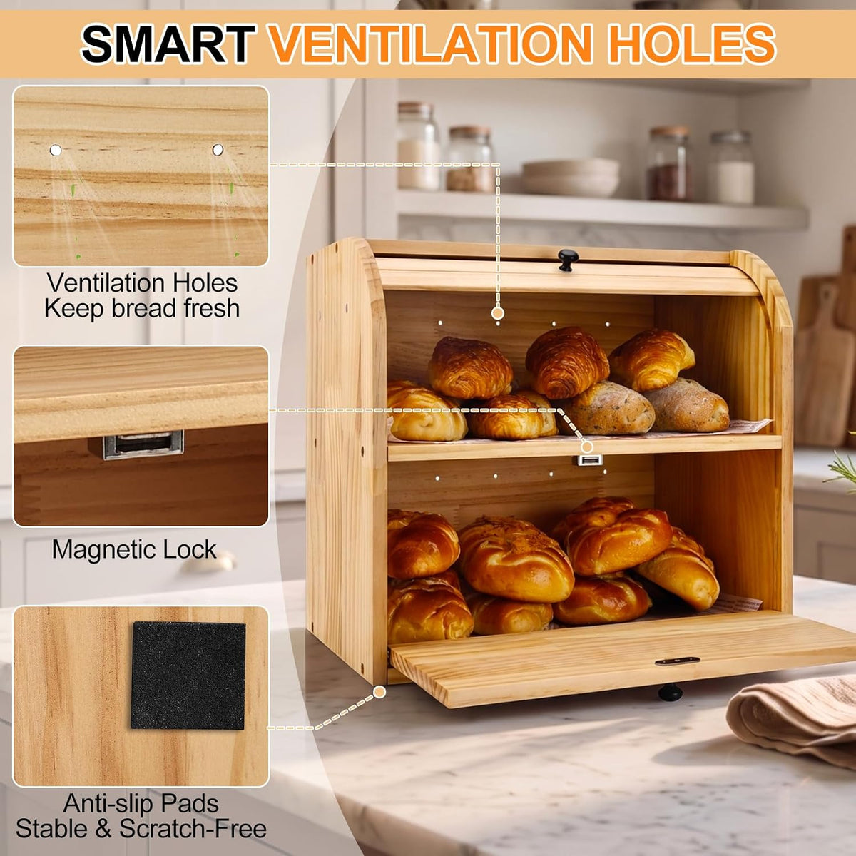 Alpeir Roll Top Bread Box with Cutting Board for Kitchen Countertop | Large Breadbox with Ventilation Holes, Double