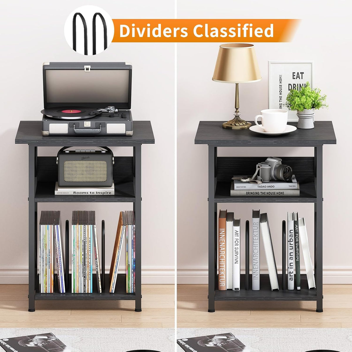 Record Player Stand with Large Desktop, Record Player Table with Vinyl Storage, 3 Tier End Table with Dividers