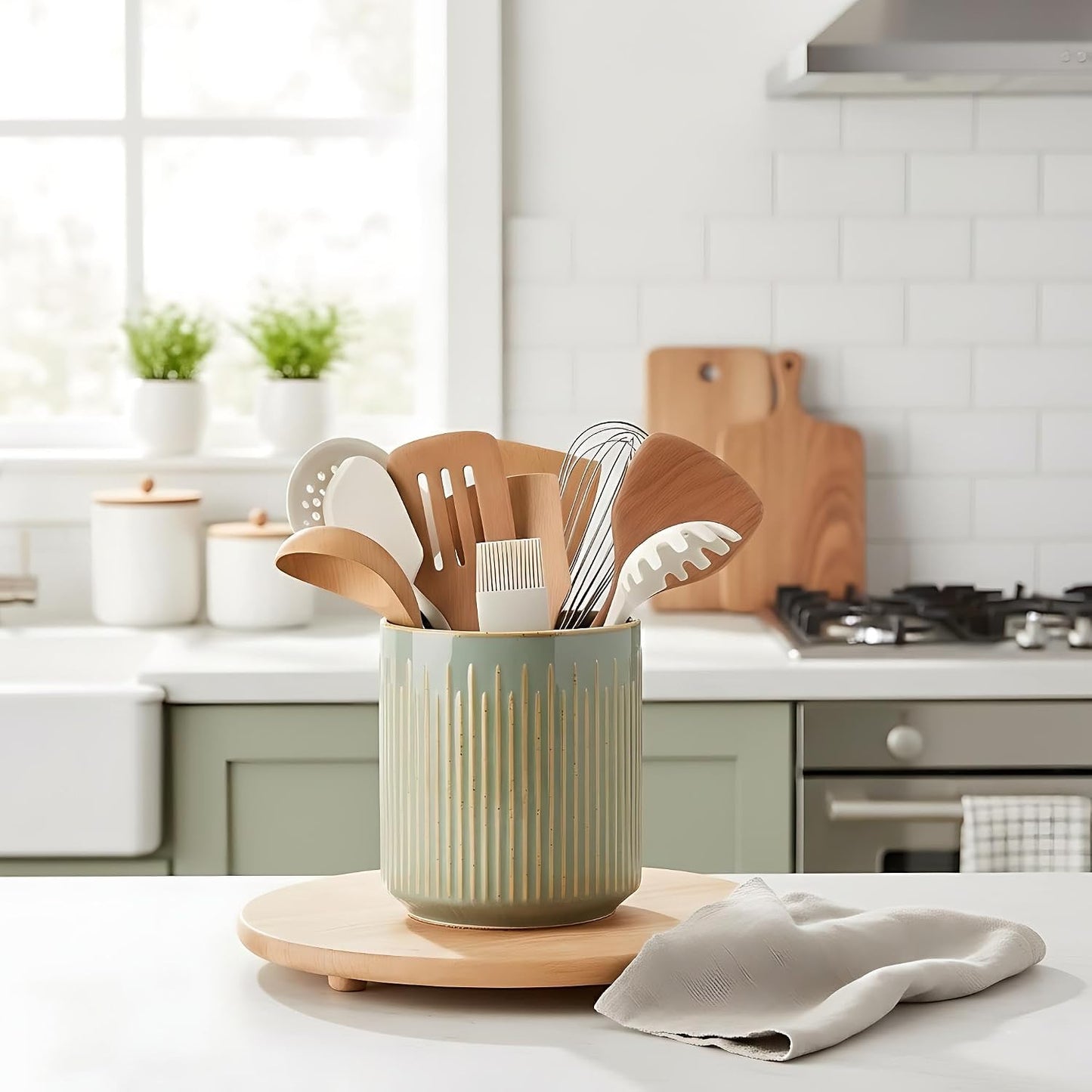 JIEMEI HOME Kitchen Utensil Holder, Ceramic Stable Utensil Crock for Countertop, 7.2" Large Utensil Organizer with Cork