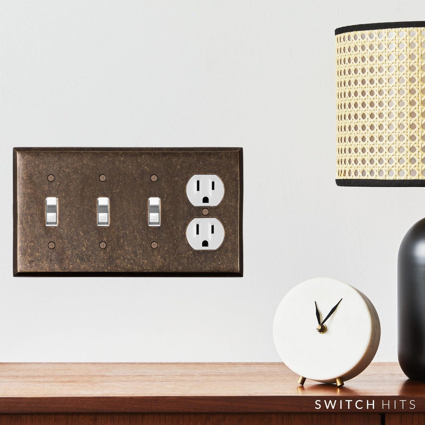 Triple Light Switch Plate Outlet Cover GFCI Wall Plate | 3 Toggle - 1 Duplex Mottled Antique Brass Electrical Faceplate
