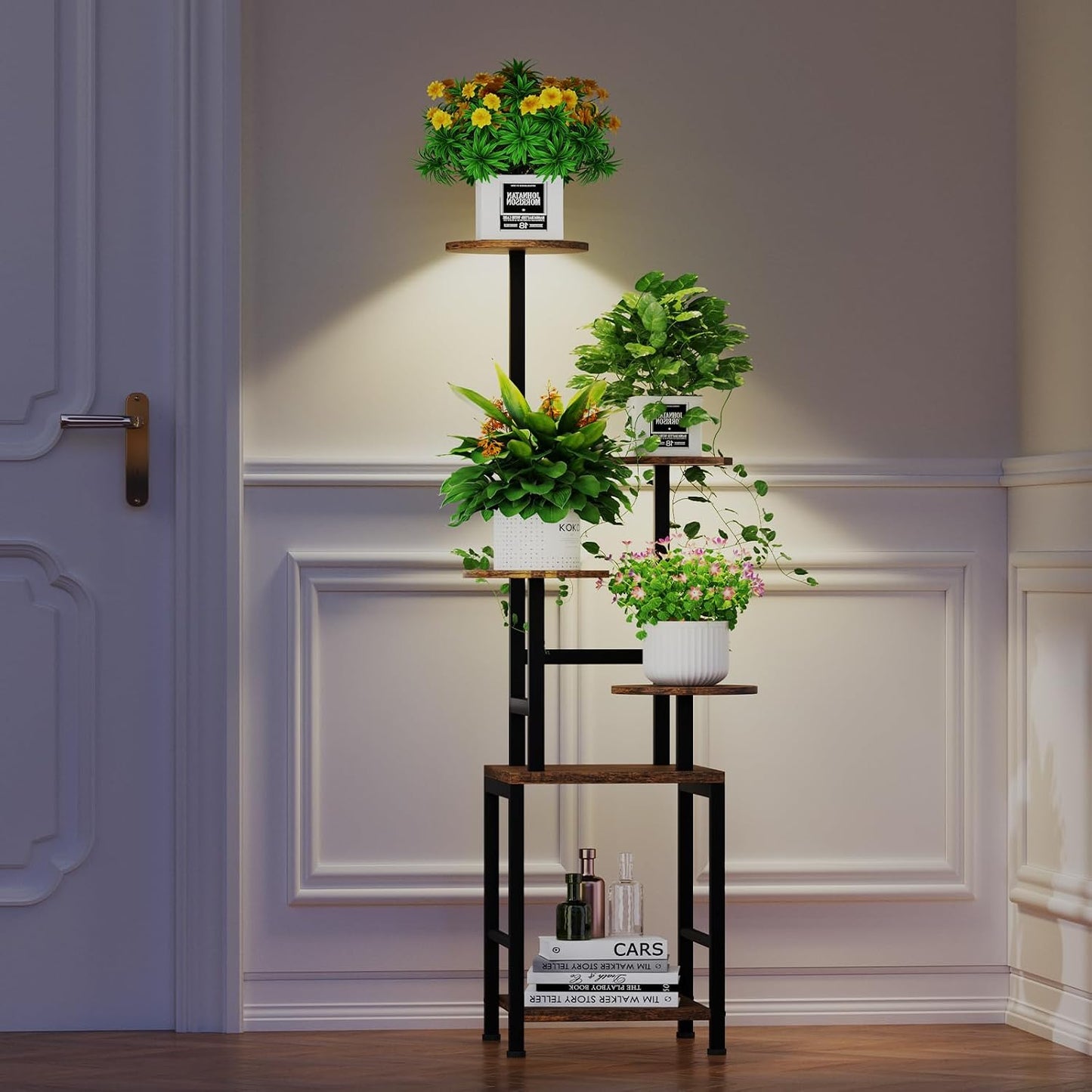Round Plant Stand Indoor with Grow Light, 5-Tiered Tall Plant Stand Indoor, Metal Plant Shelf with Adjustable Light