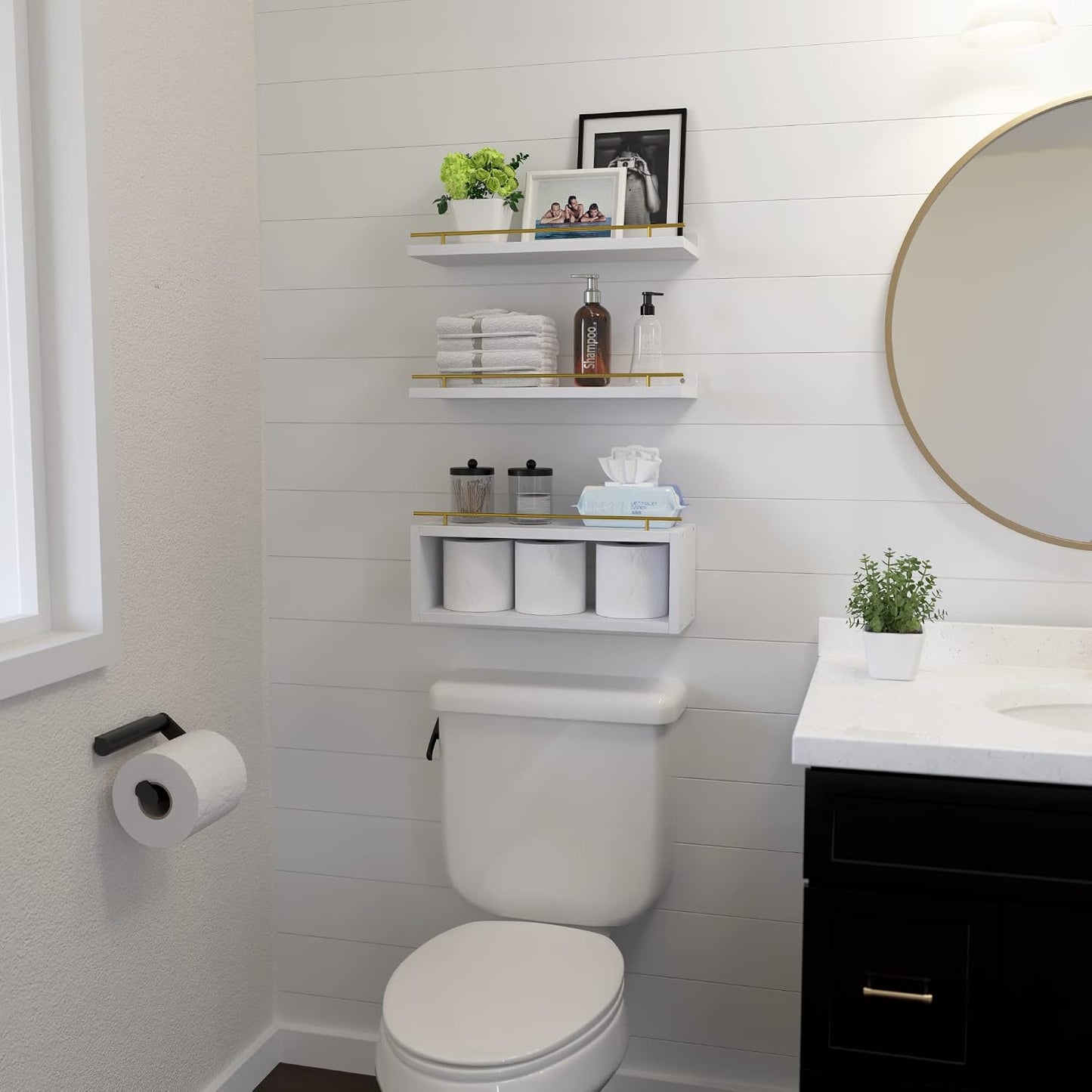 Floating Shelves for Wall with Cube Shelf, Wall Shelves with Metal Rail for Decor, Bathroom Organizers and Storage