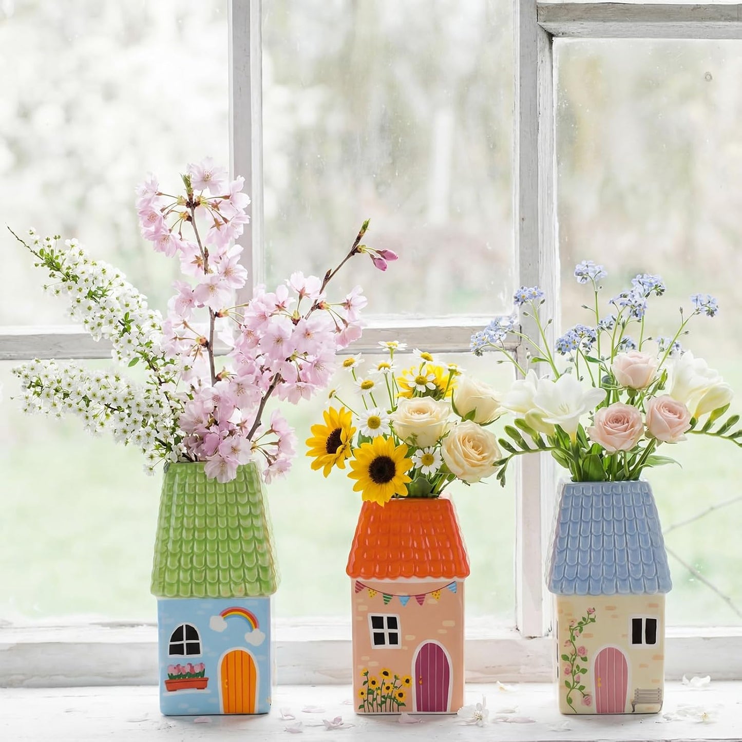 Ceramic House Shape Vase Mini Handmade Vase Decorative Small Flower Container / Green / 2.4 x 3.8