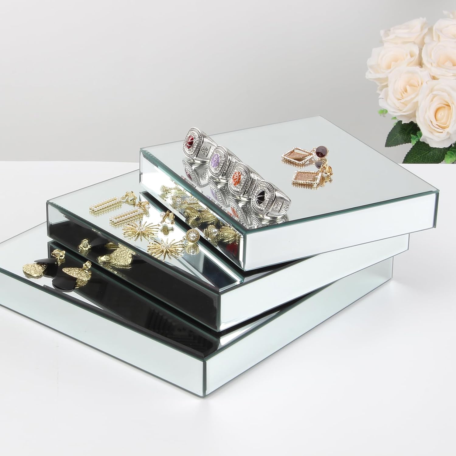 Square Mirror Reflection Display Platform Riser Stand / Silver