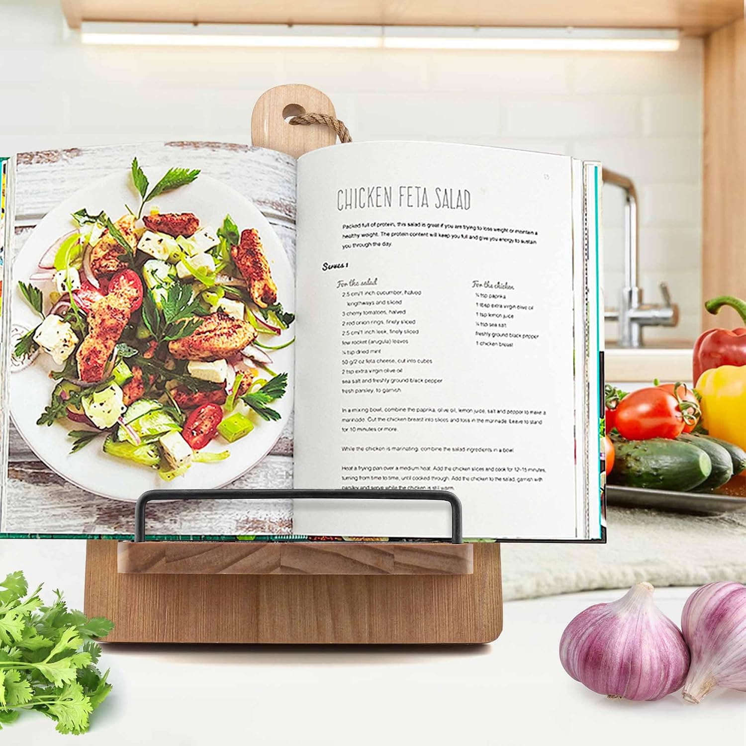Brown Wood Cookbook Stand Holder: Adjustable Rest for Kitchen Counter | Counter top Cooking, Holds Thick Books, Fits