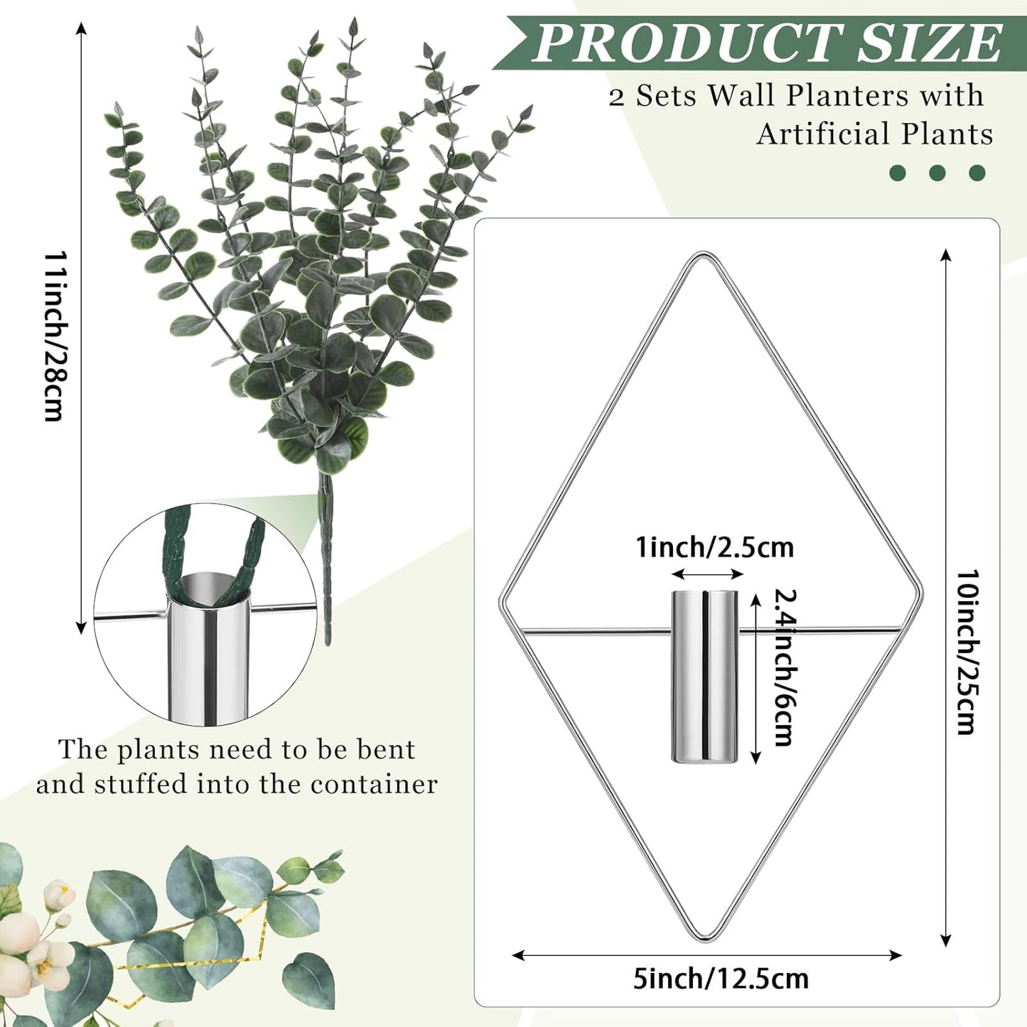 Chrome Wall Decor Metal Hanging Vase Indoor Plants / Chrome Sliver / Eucalyptus / Silver / Set of 4