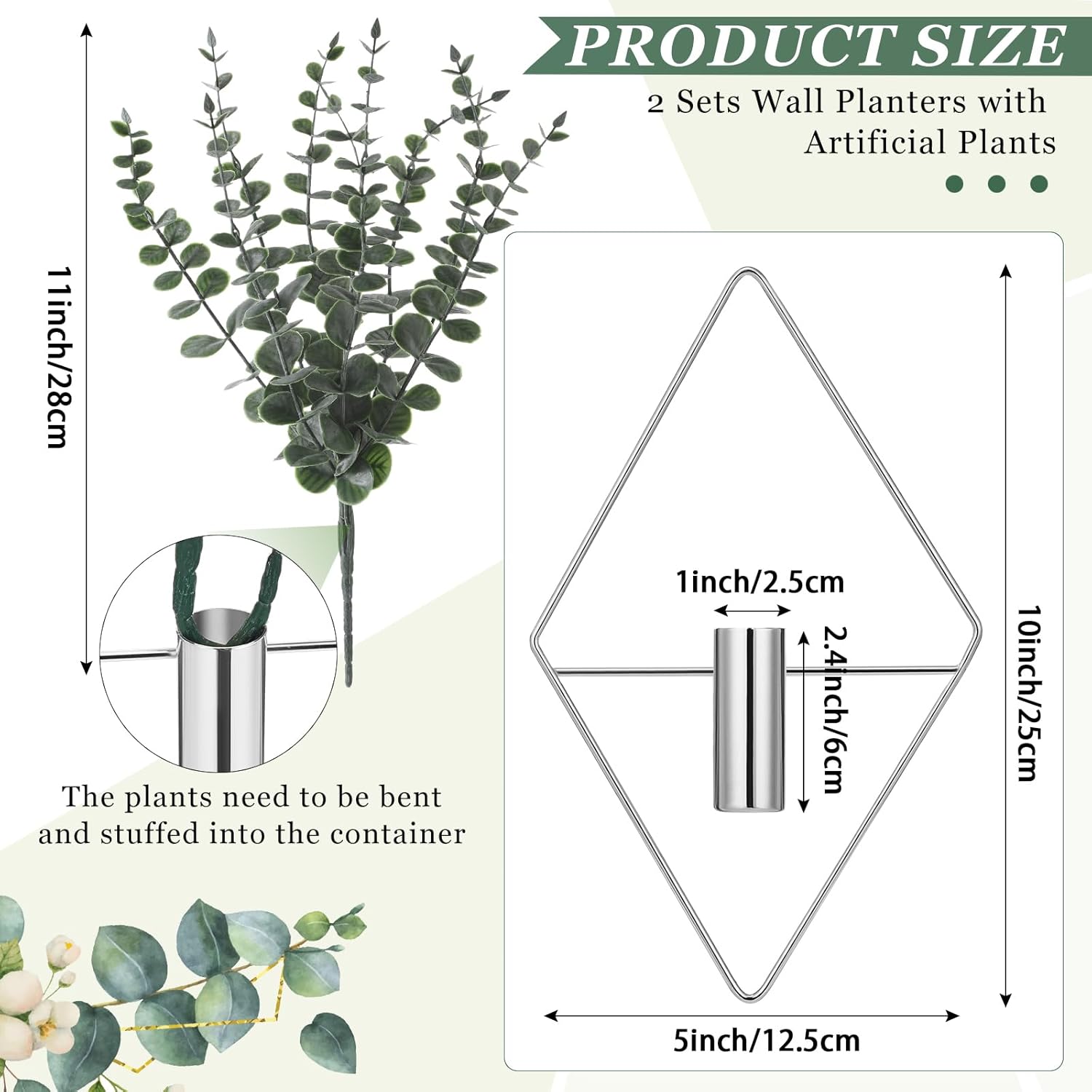 Chrome Wall Decor Metal Hanging Vase Indoor Plants / Chrome Sliver / Eucalyptus / Silver / Set of 4