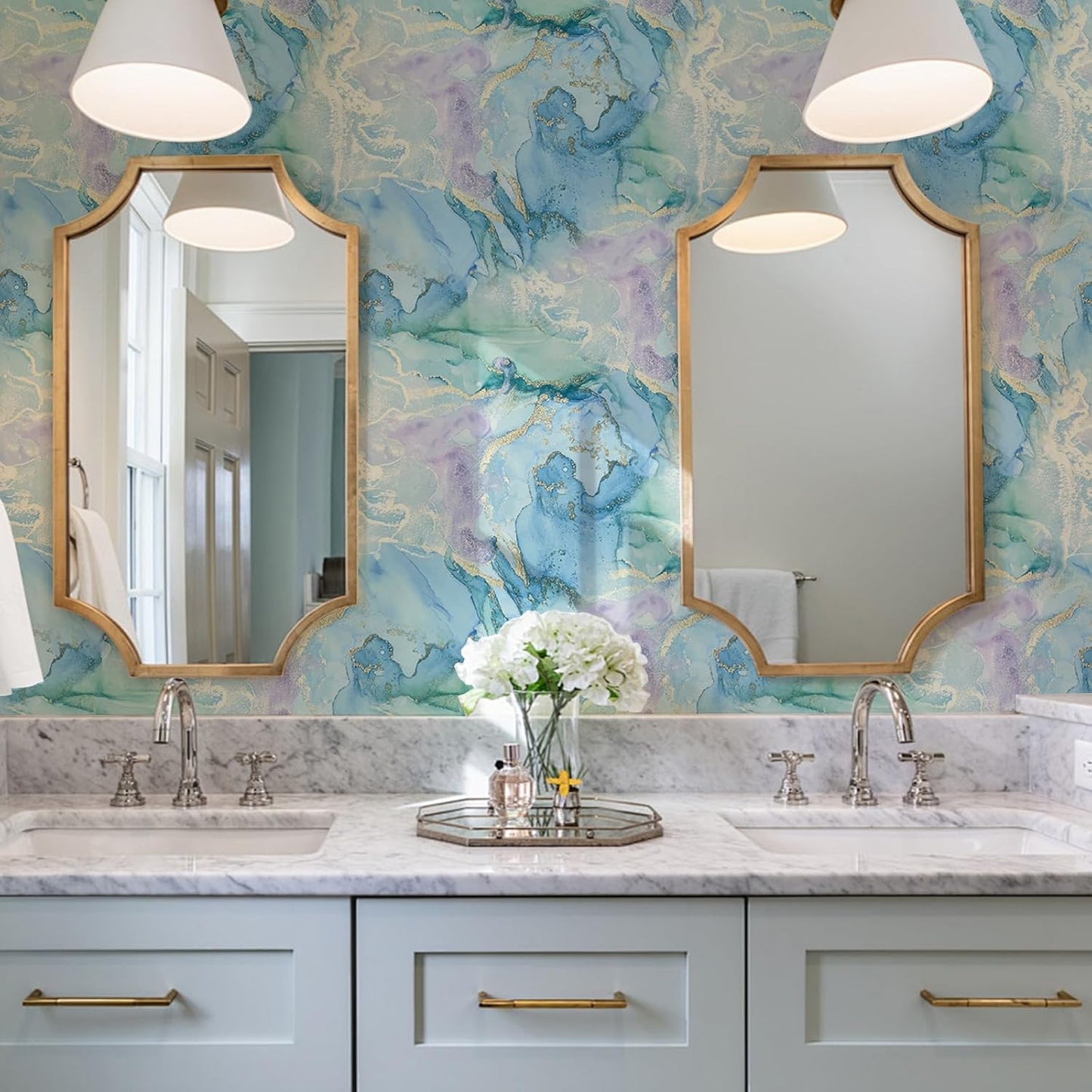 Watercolor Blue Gold Marble Peel and Stick Wallpaper Self / 17.7 x 118.1 / Mint Green and Gold
