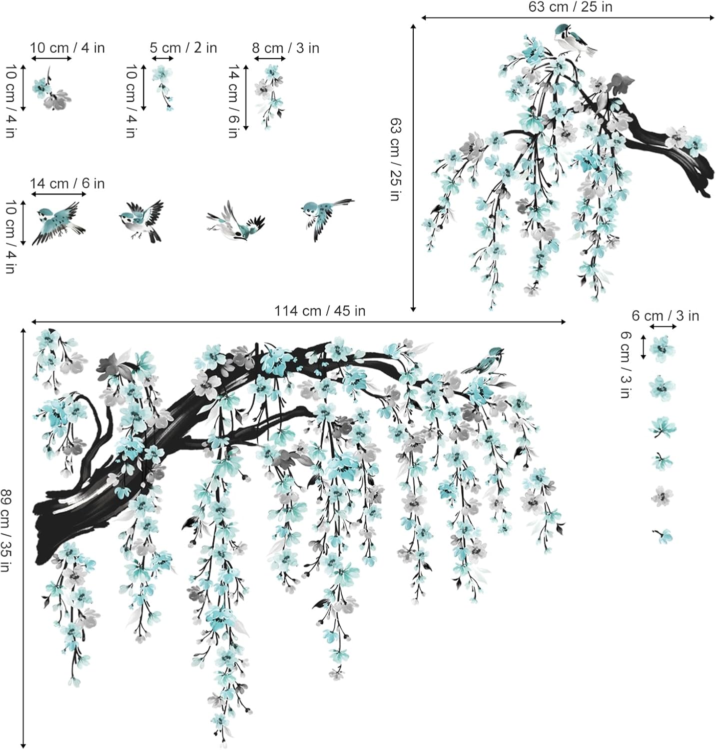 Large Watercolor Flower Branch Wall Stickers Blossom Tree Branches Peel and Stick Wall Art / Blue