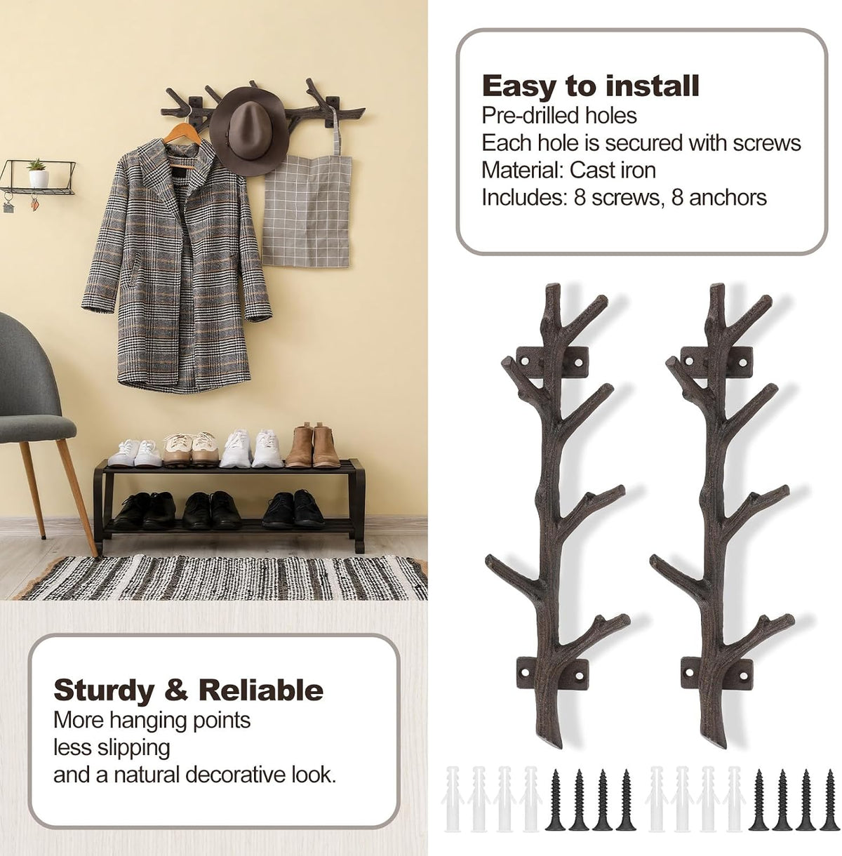 12" Cast Iron Tree Branch Vertical Coat Hat Rack Wall Mount Heavy Duty Decorative Coat Hook Rustic Hanger for Coats