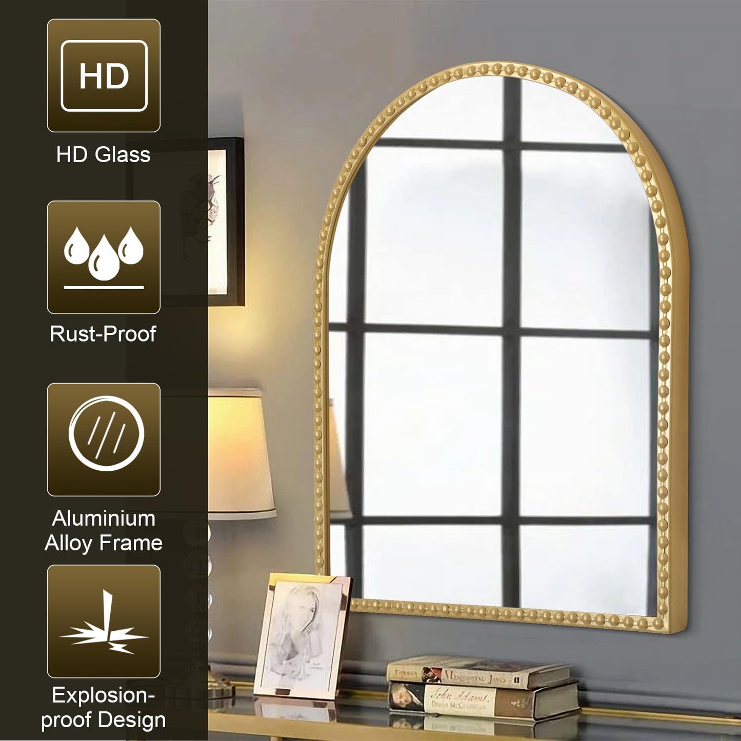 Beaded Framed Metal Accent Wall Mirror Decorative Bathroom Living Room Bedroom / 30"L x 20"W / Gold