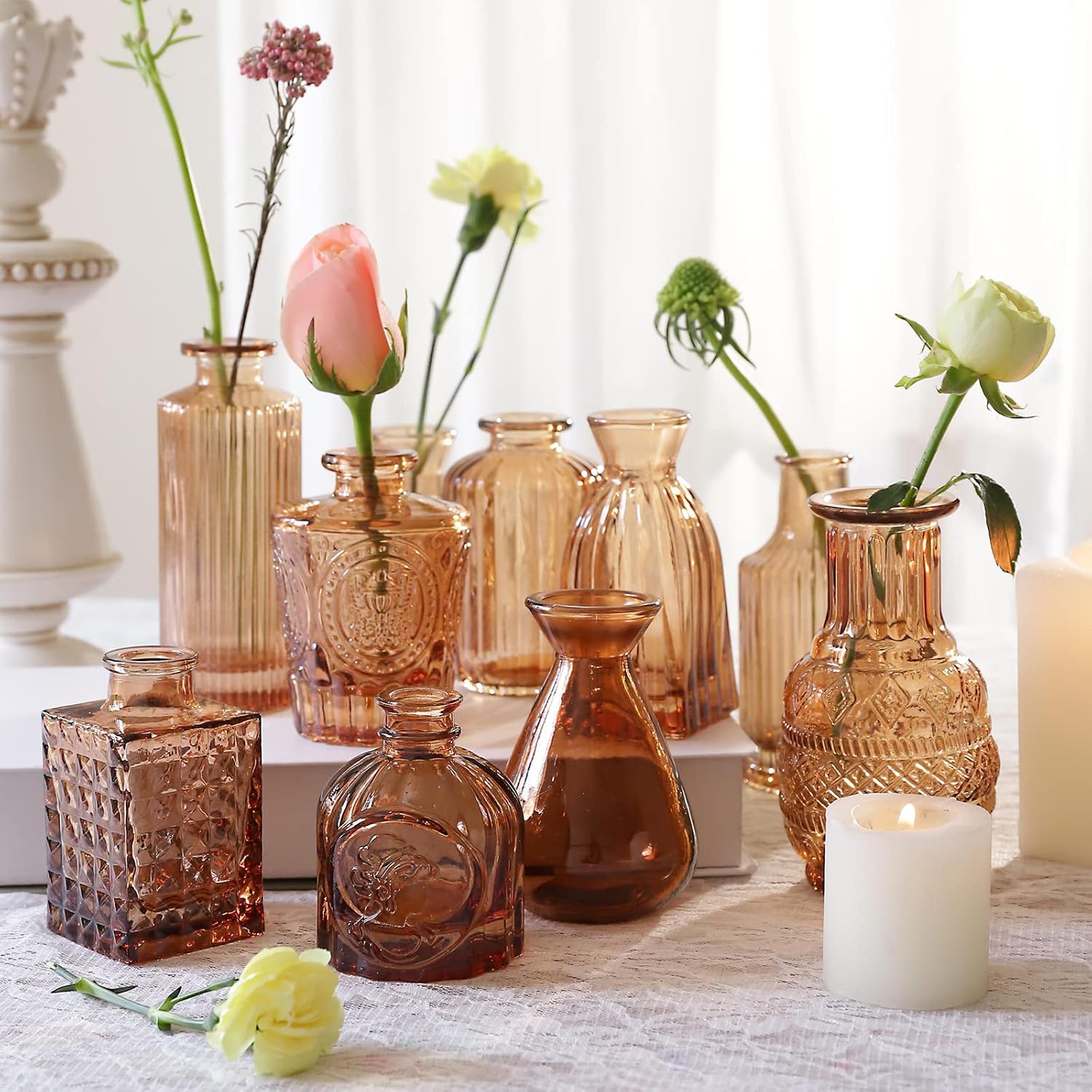 Amber Glass Bud Vases / Brown 20 / Set of 20