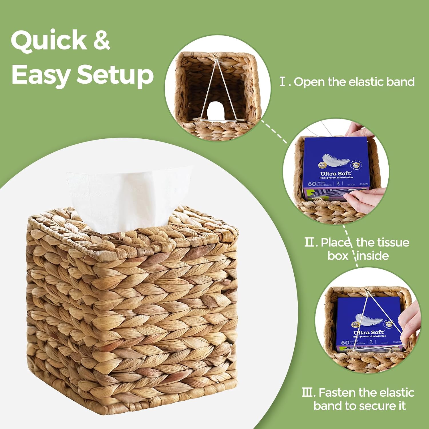 Hand Woven Napkin Box Tissue Holder / Natural Wicker / Square