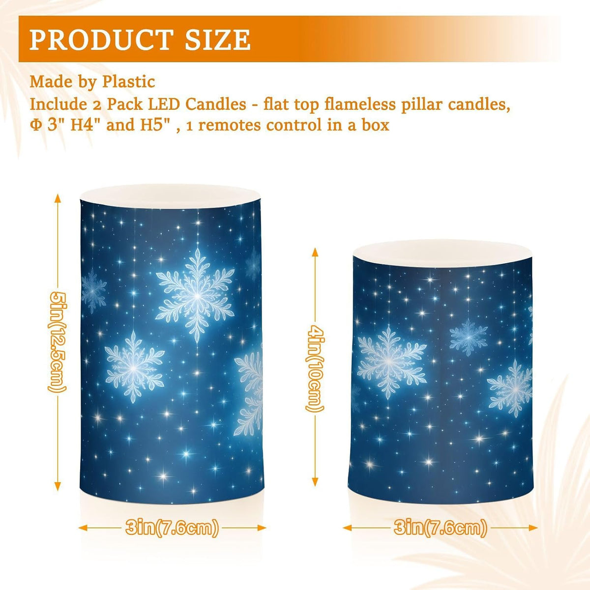 Flickering Flameless Candles, Christmas Snowflakes Blue Background LED Candles with Remote Timer, Set of 2 Battery