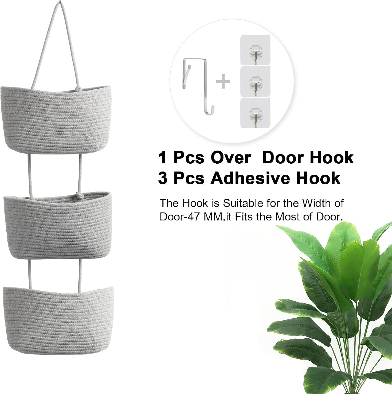 3-Tier Woven Cotton Wall-Mounted Storage Organizer Bag Decorative Hanging Nursery / Gray
