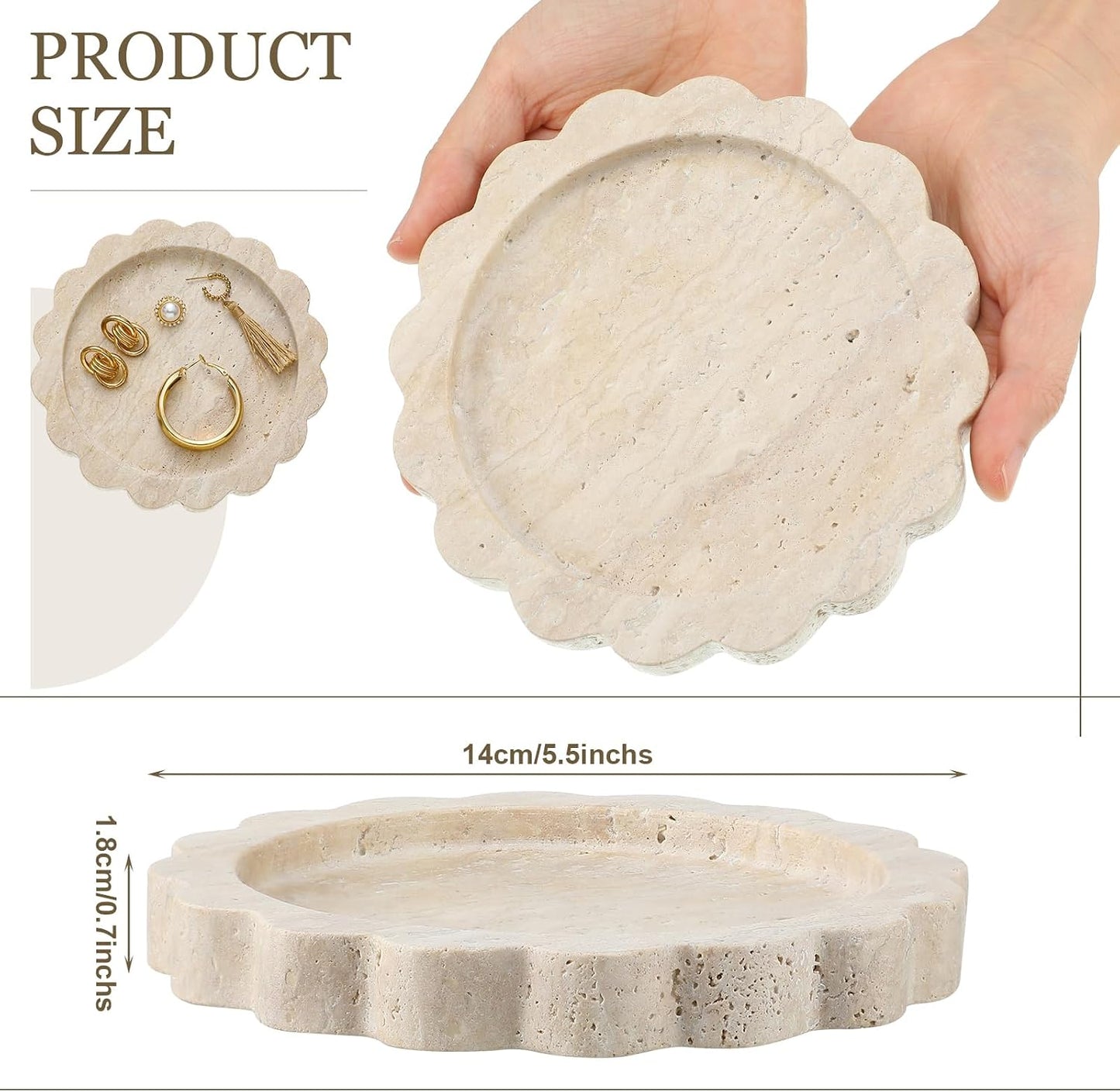 Small Travertine Stone Tray Marble Jewelry Dish Trinket Tray for Women / Round,scallop / 5.5 Inch