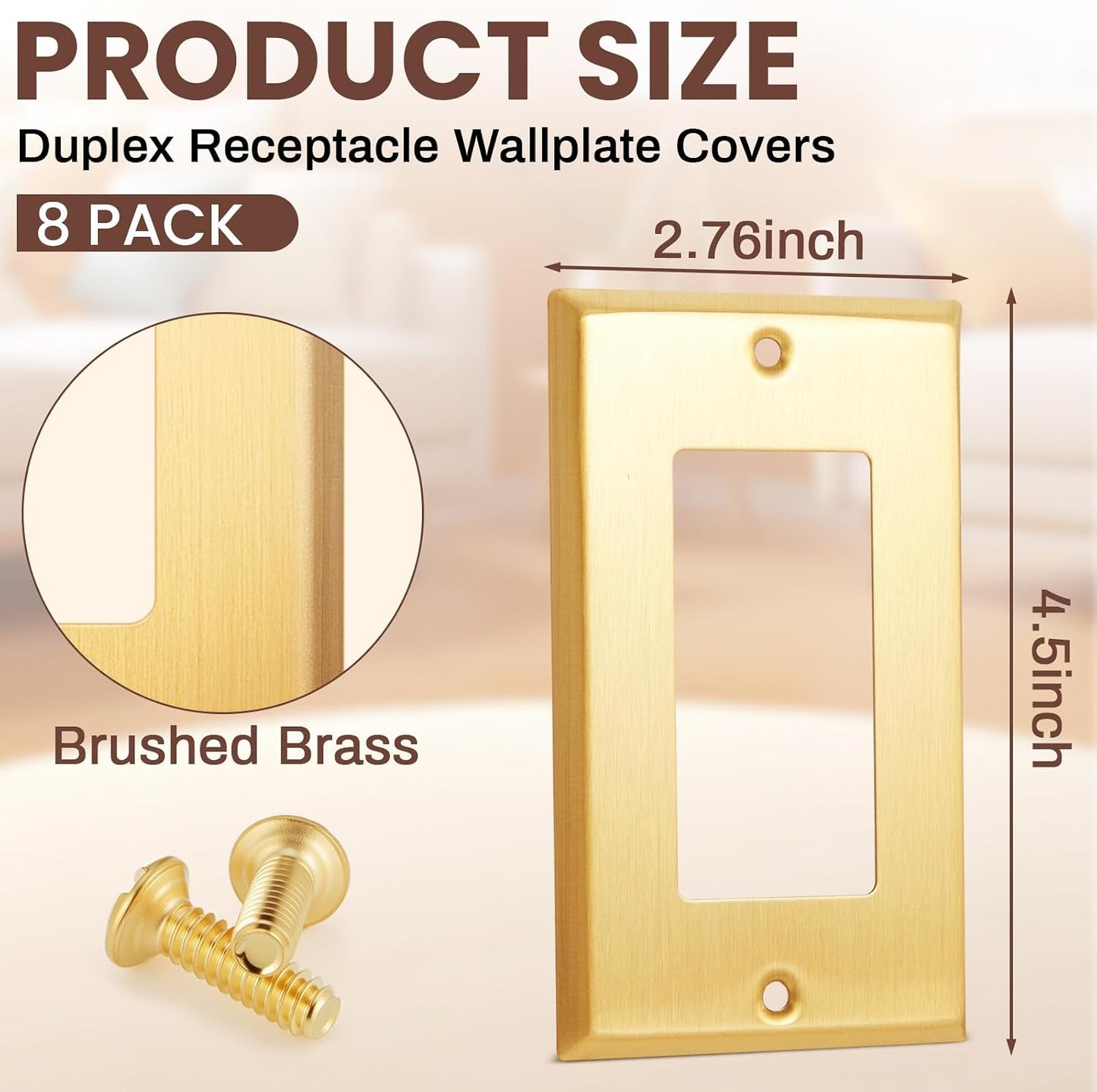 Zonon 8 Pack Gold Outlet Covers 4.50" x 2.76" Single Receptacle Wallplate Rocker Covers Brass Metal Brushed Decorative