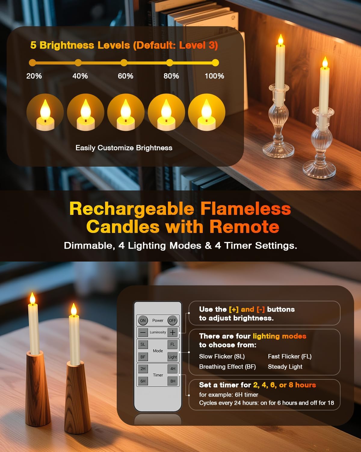 Yme Rechargeable Flameless Taper Candles Battery Operated with Remote Timer | USB-C Charging Base, 6.7" Flickering