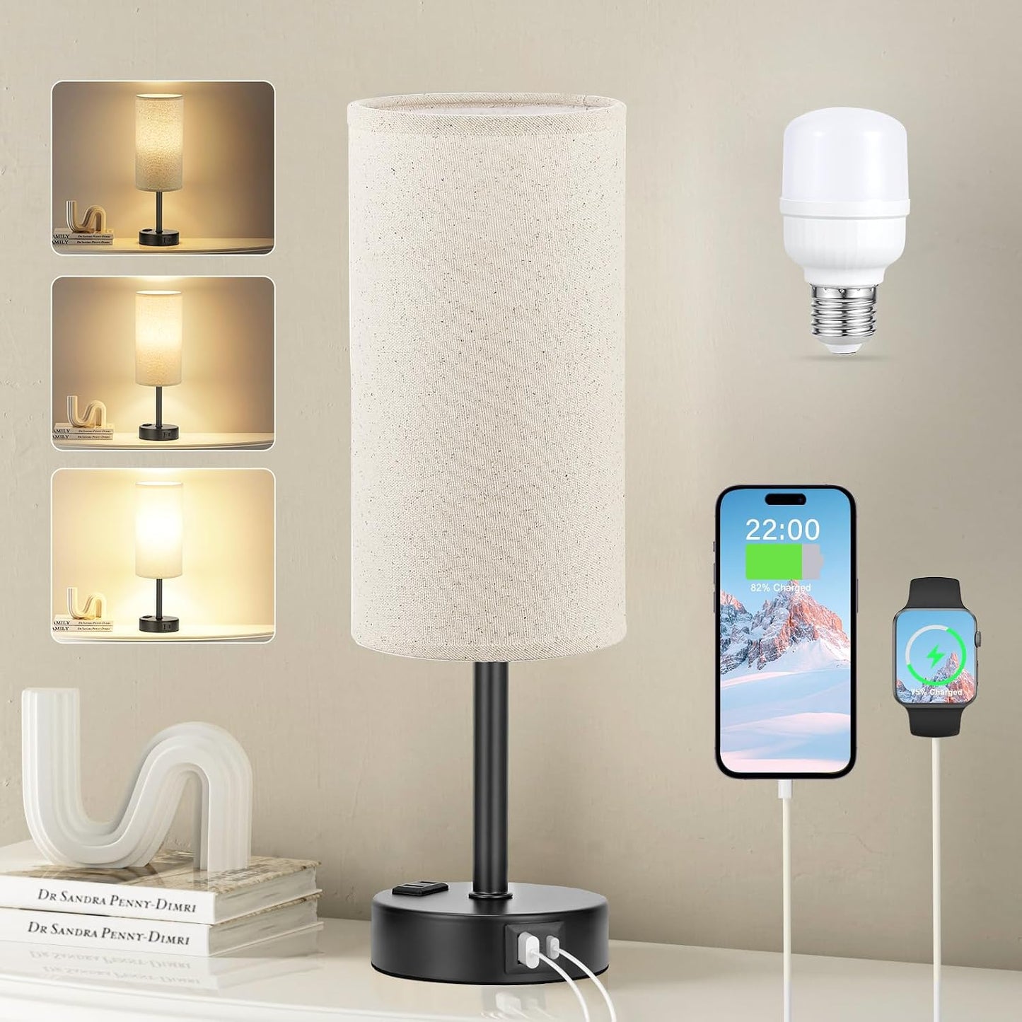 Fenmzee Beige Bedside Lamp for Bedroom, Dimmable Touch, USB A+C, AC Outlet