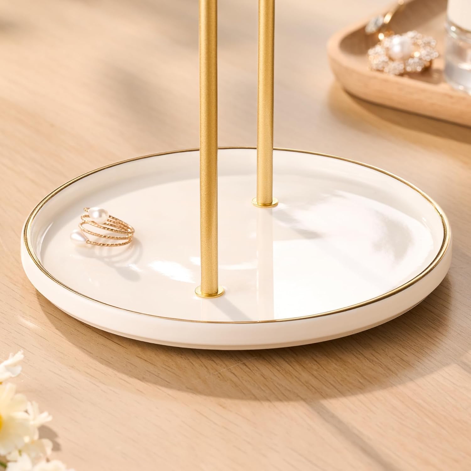 Ceramic Tray / Gold Jewelry Holder Stand / White Tray Gold Bar