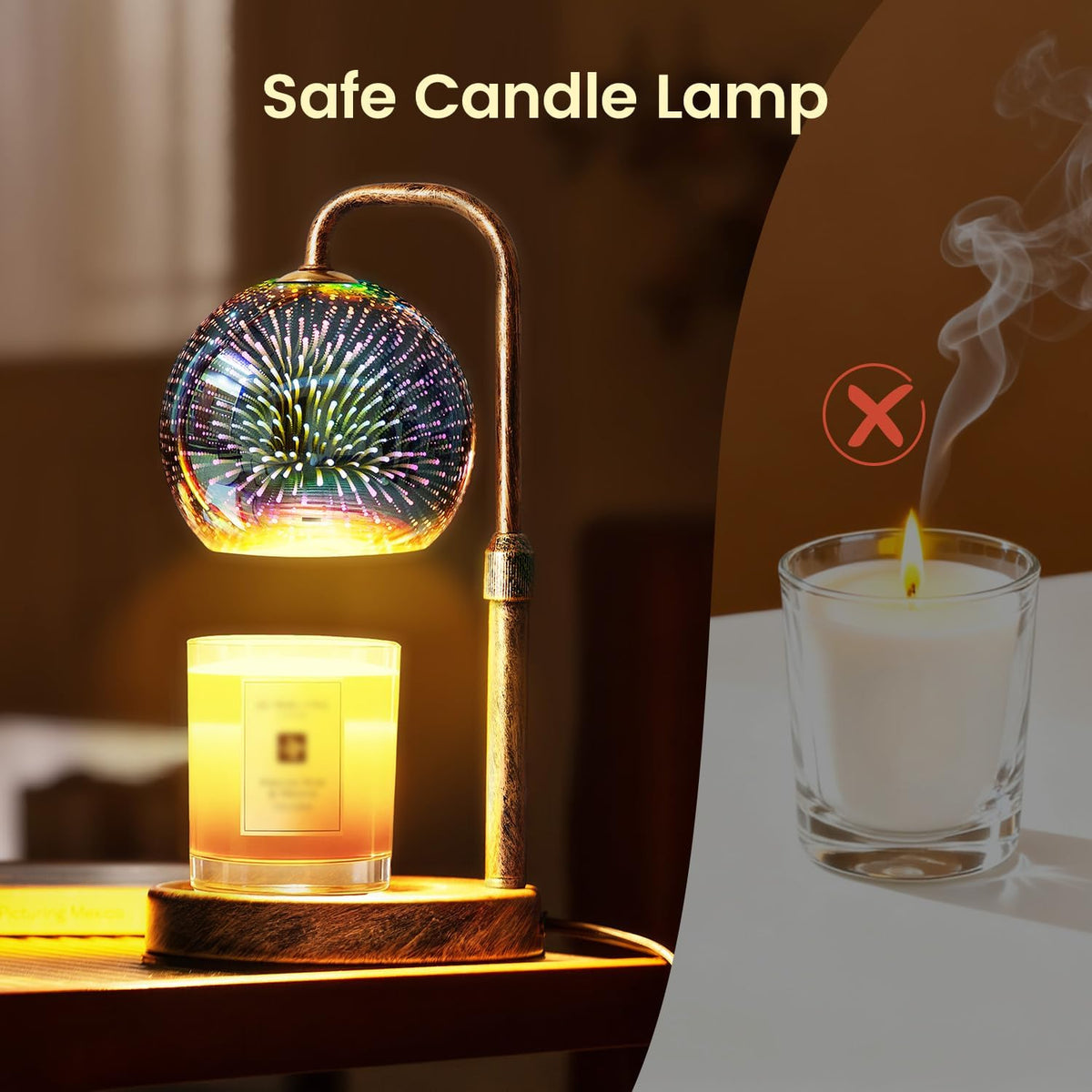 Glocusent Candle Warmer Lamp with Timer, Dimmable, Adjustable Retro 2 Bulbs | 3D Glass Globe with Firework Patterns