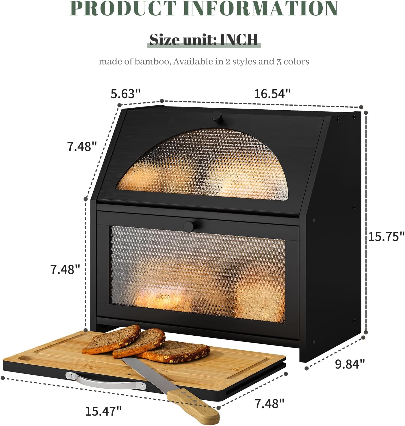STDDRE Double Layer Bamboo Corner Bread Box with Cutting Board(Black) | Extra-large capacity. Double Layer Bread