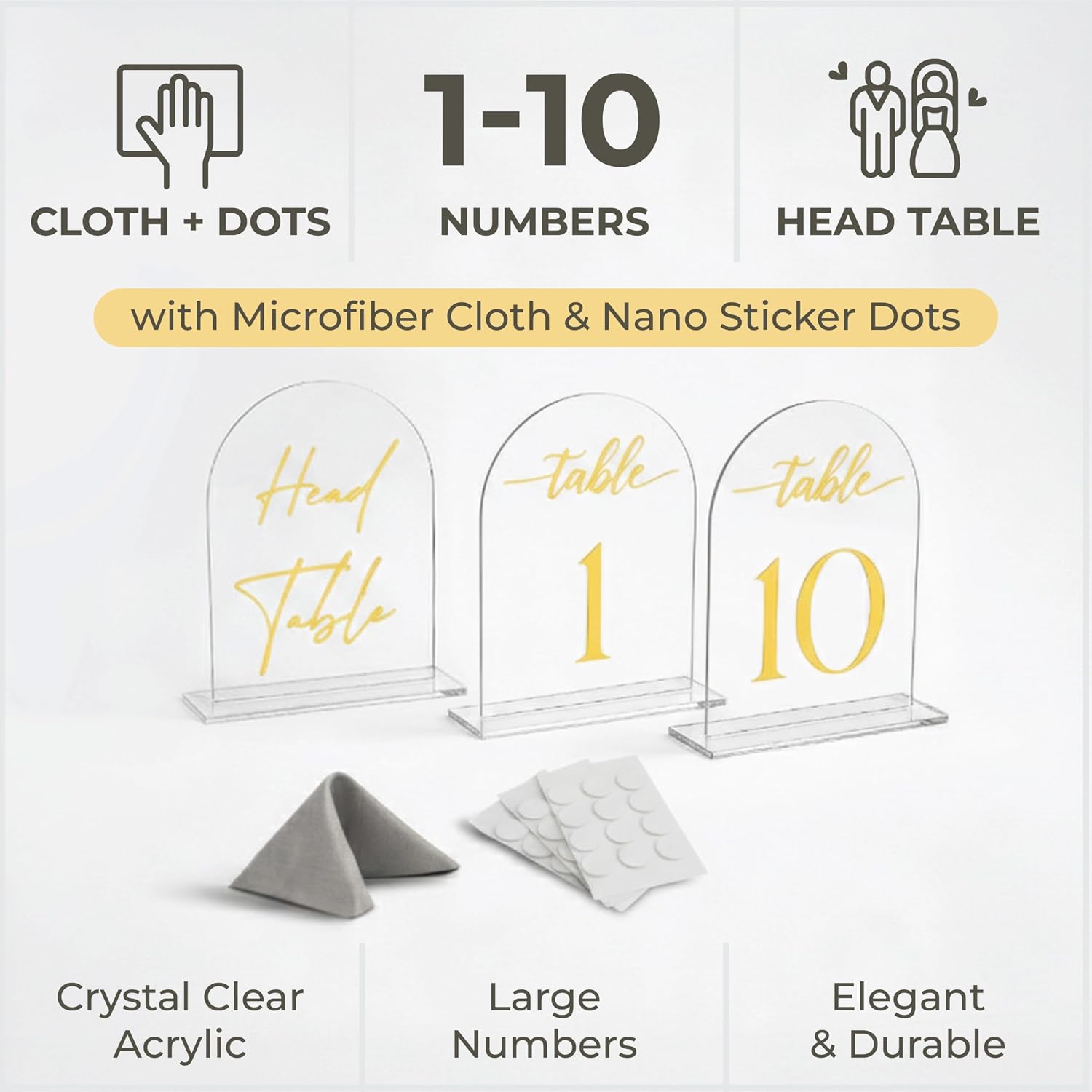 Clear gold Arched Wedding Table Numbers 1-10 with Stands, 5x7 Inch Acrylic Arch Sign with Holder, Clear gold Arch