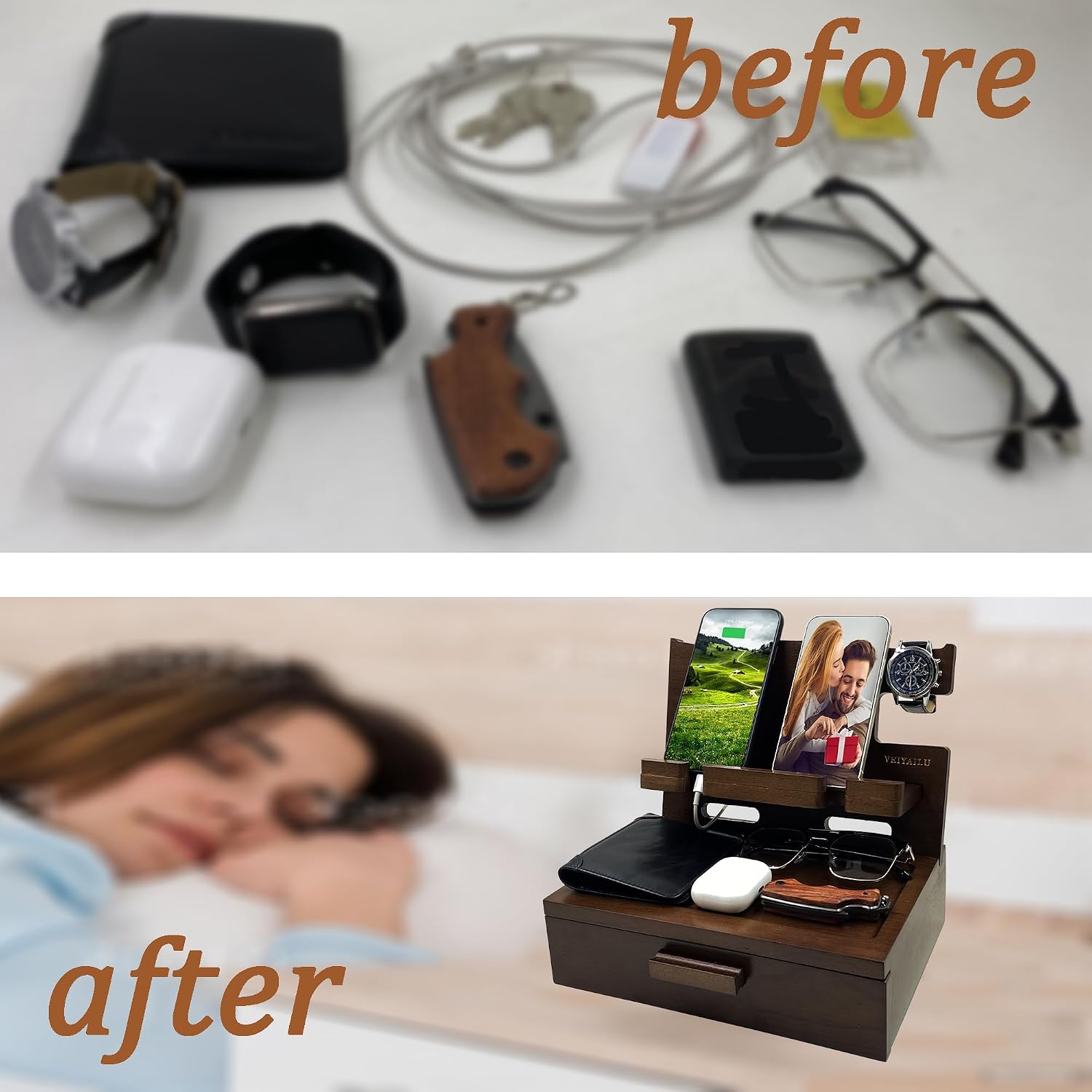 Gifts for Men Women Him Husband Son Boyfriend Birthday Nightstand Organizer Wood Phone / Deep Walnut