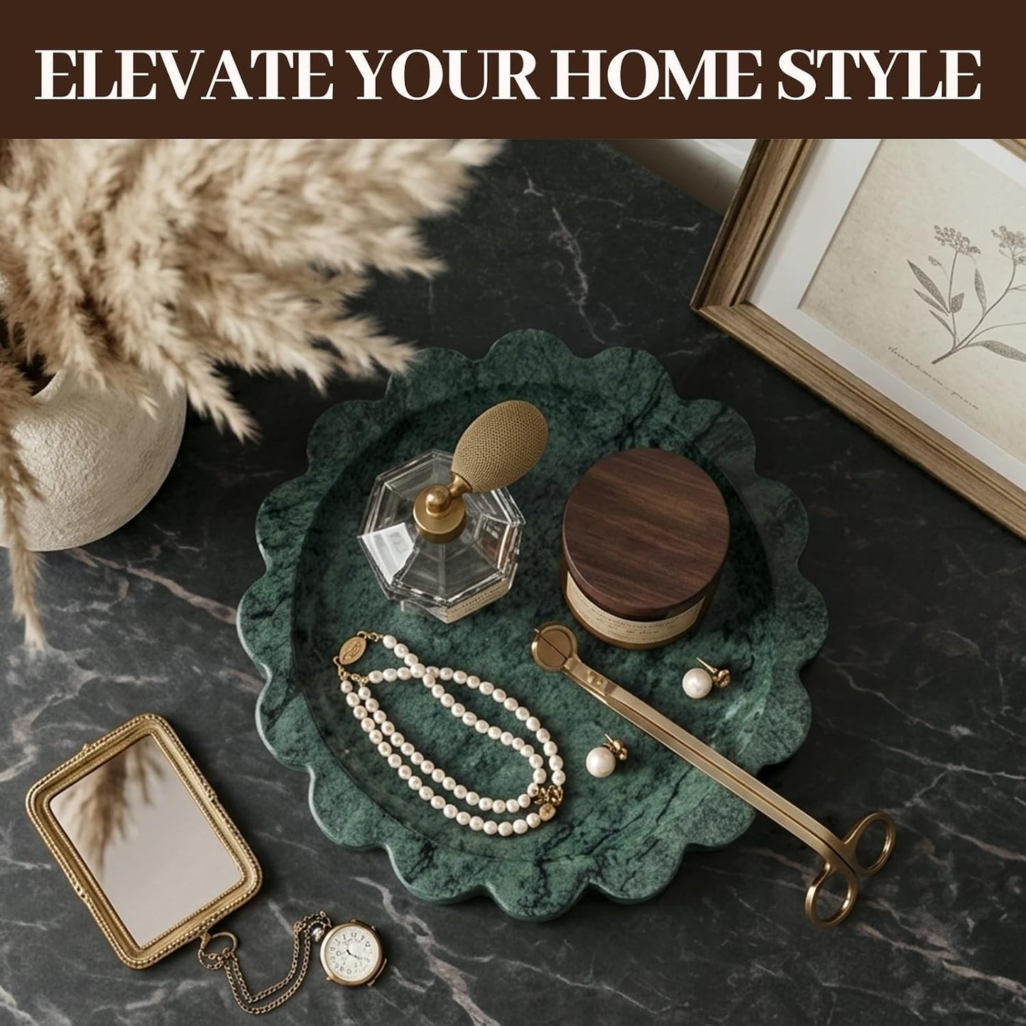 5.51" Scalloped Marble Tray / Sage Green / D=5.51
