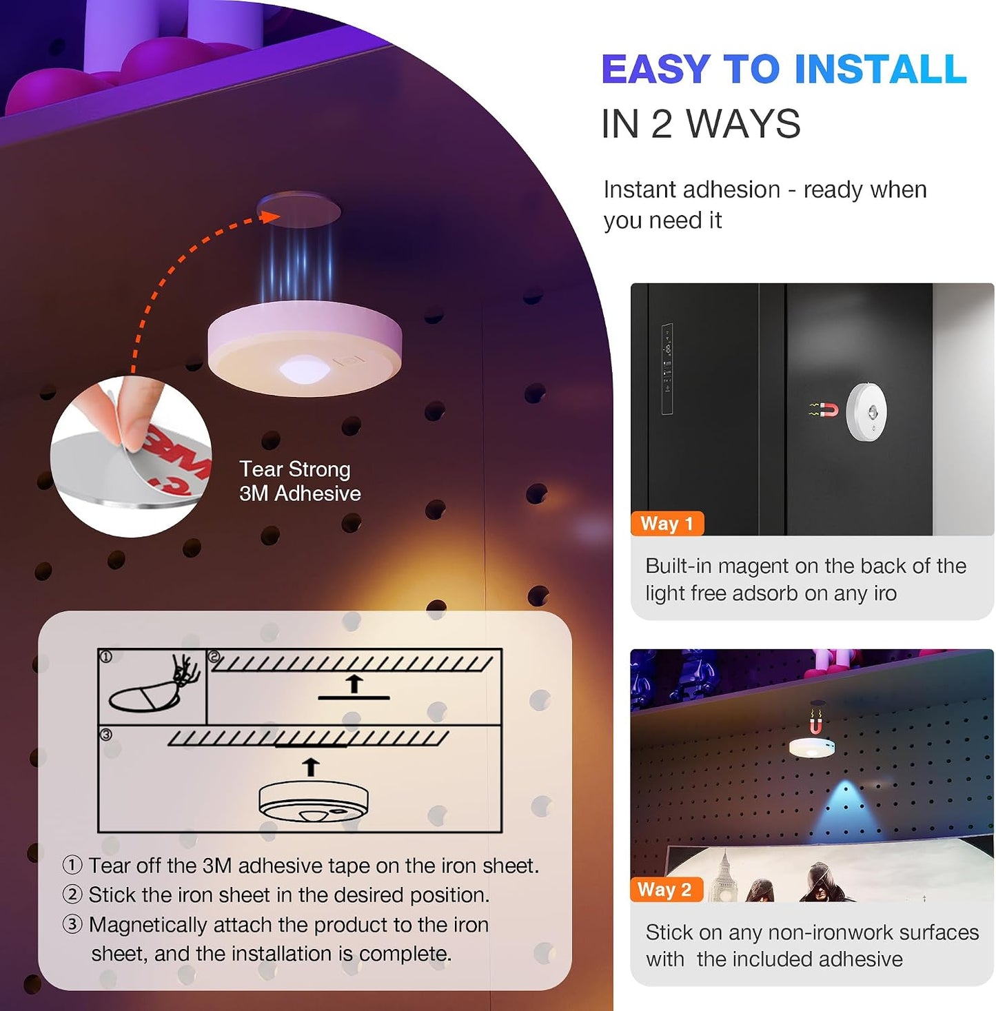 RGB Puck Lights with Remote Control,Under Cabinet Lighting,white,3 PCS | 2000mAh Battery Operated Tap Lights
