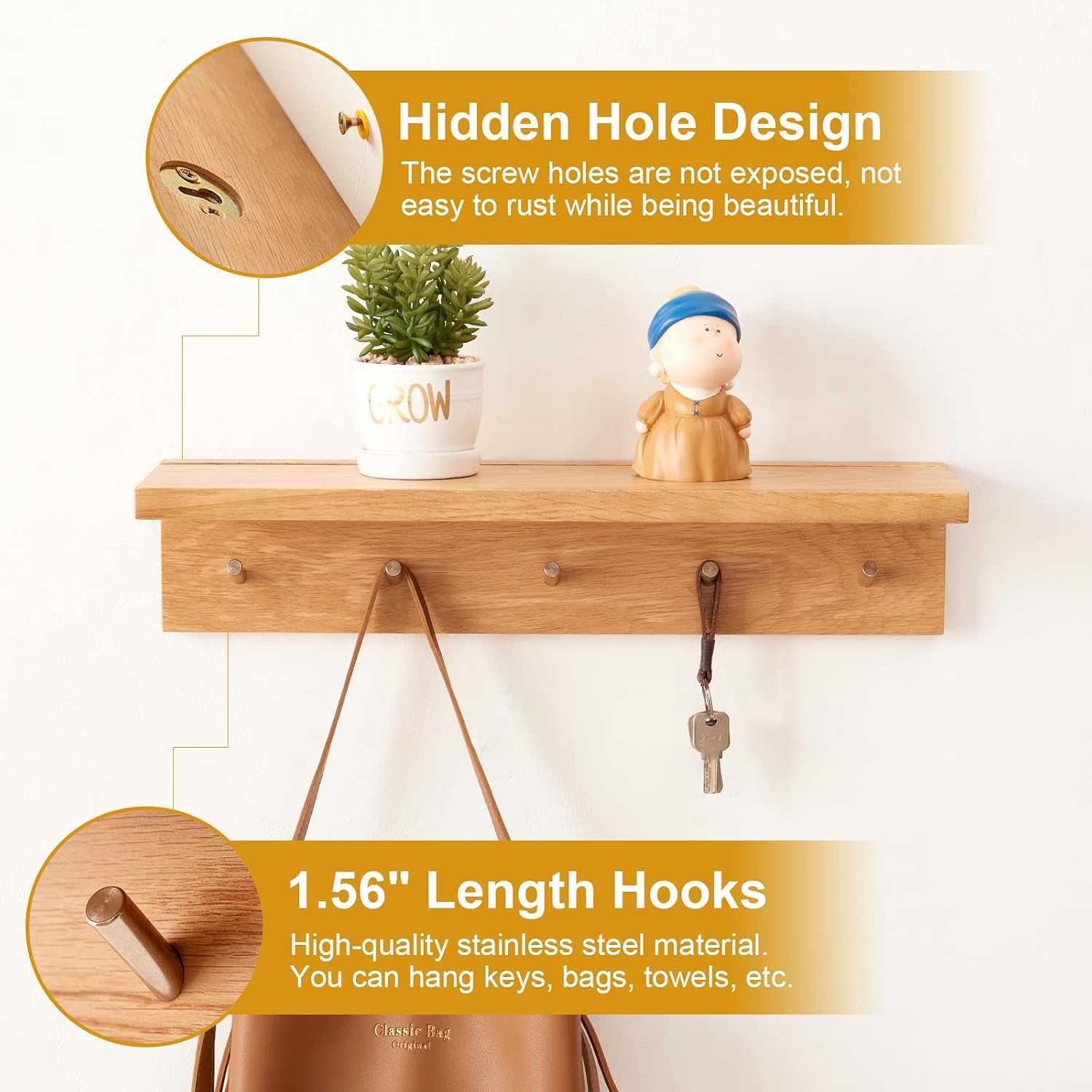 Coat Rack Shelf Wall Mounted Oak Wood Entryway Shelf with 5 Hooks Wall Coat Hook Rack with Floating Shelf for Bedroom