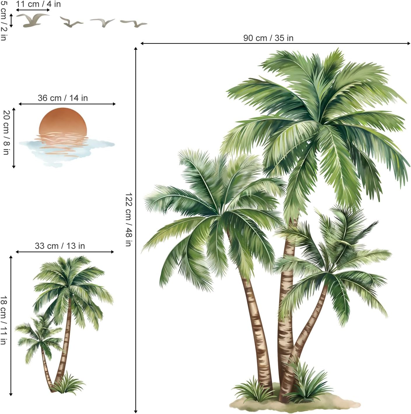 Large Palm Tree Wall Stickers Tropical Plants Coconut Tree Peel and Stick Wall Art Decals