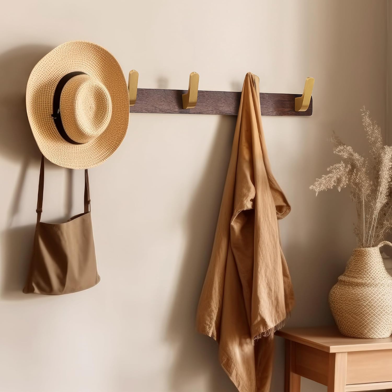 Wall Mounted Coat Rack, Metal Wood with 5 Hooks | Entryway Hanging, For Coat, Scarf, Bag, Towel, Key, Cap, Hat, Walnut
