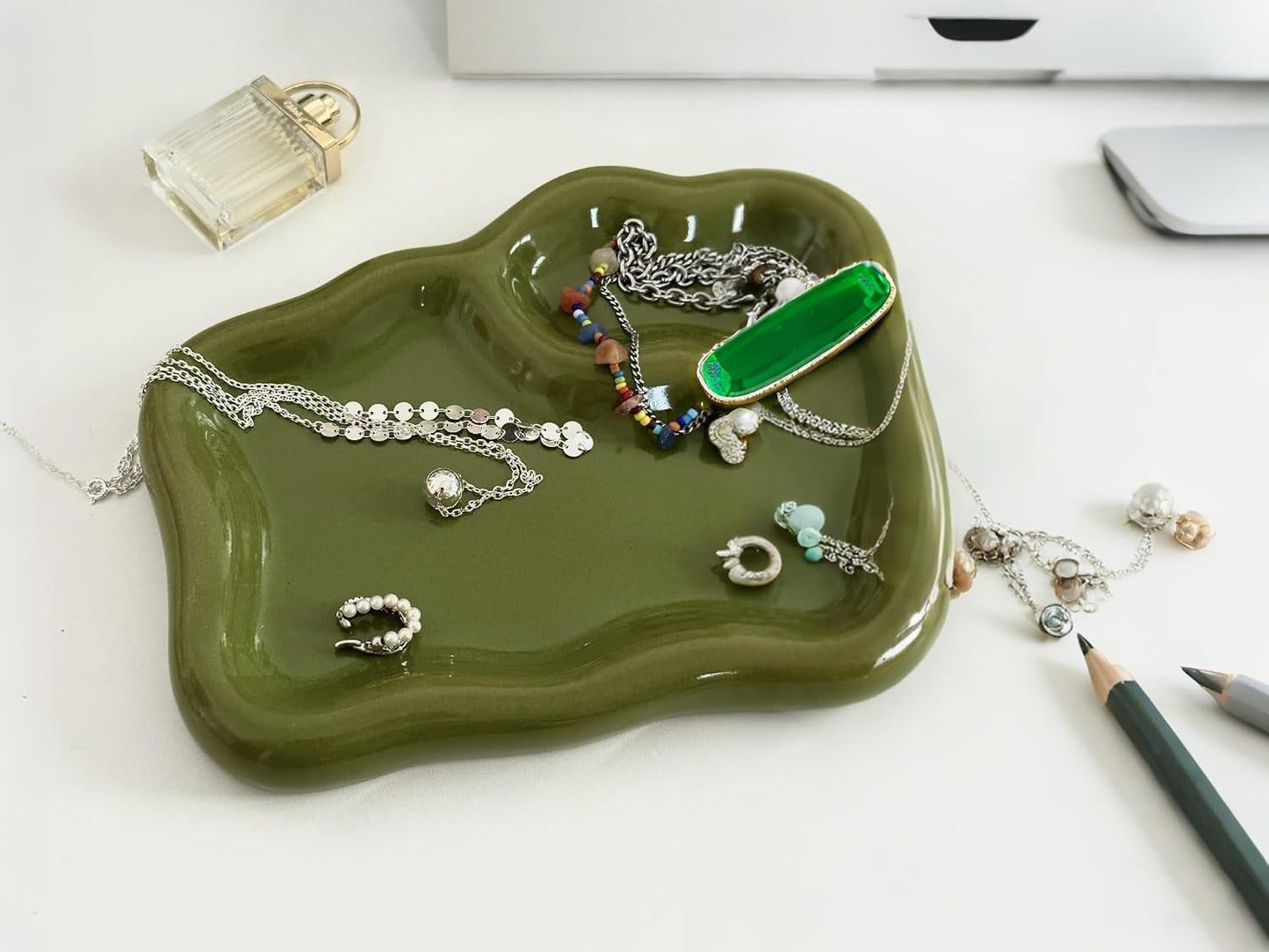 Green Ceramic Jewelry Tray Dish Large-sized Display Organizer Trinket Watch Keys / Olive Green