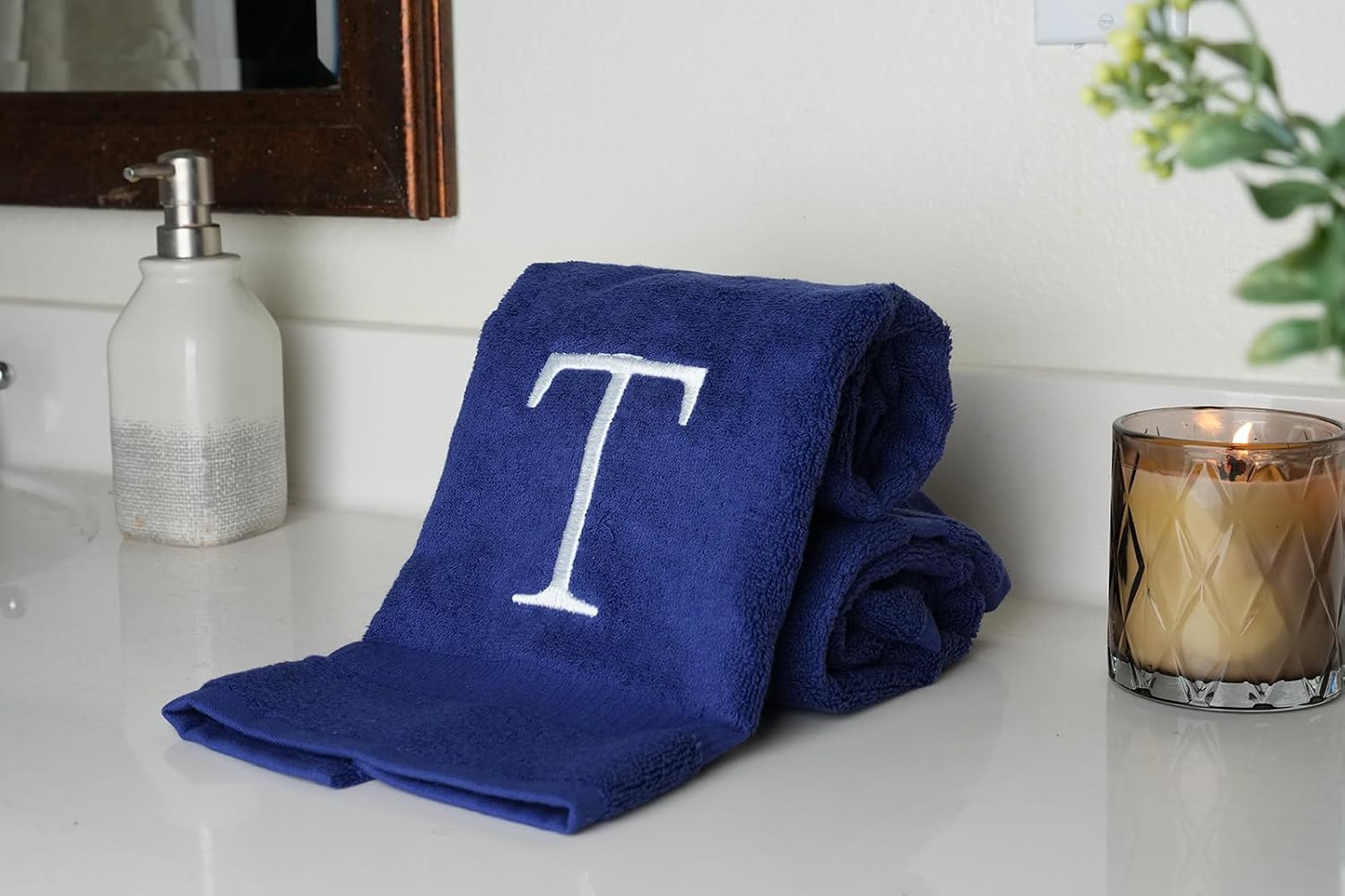Navy with White Monogrammed Hand Towels for Bathroom - Set of 2 Letter T | Luxury Hotel Quality Initial Towels For