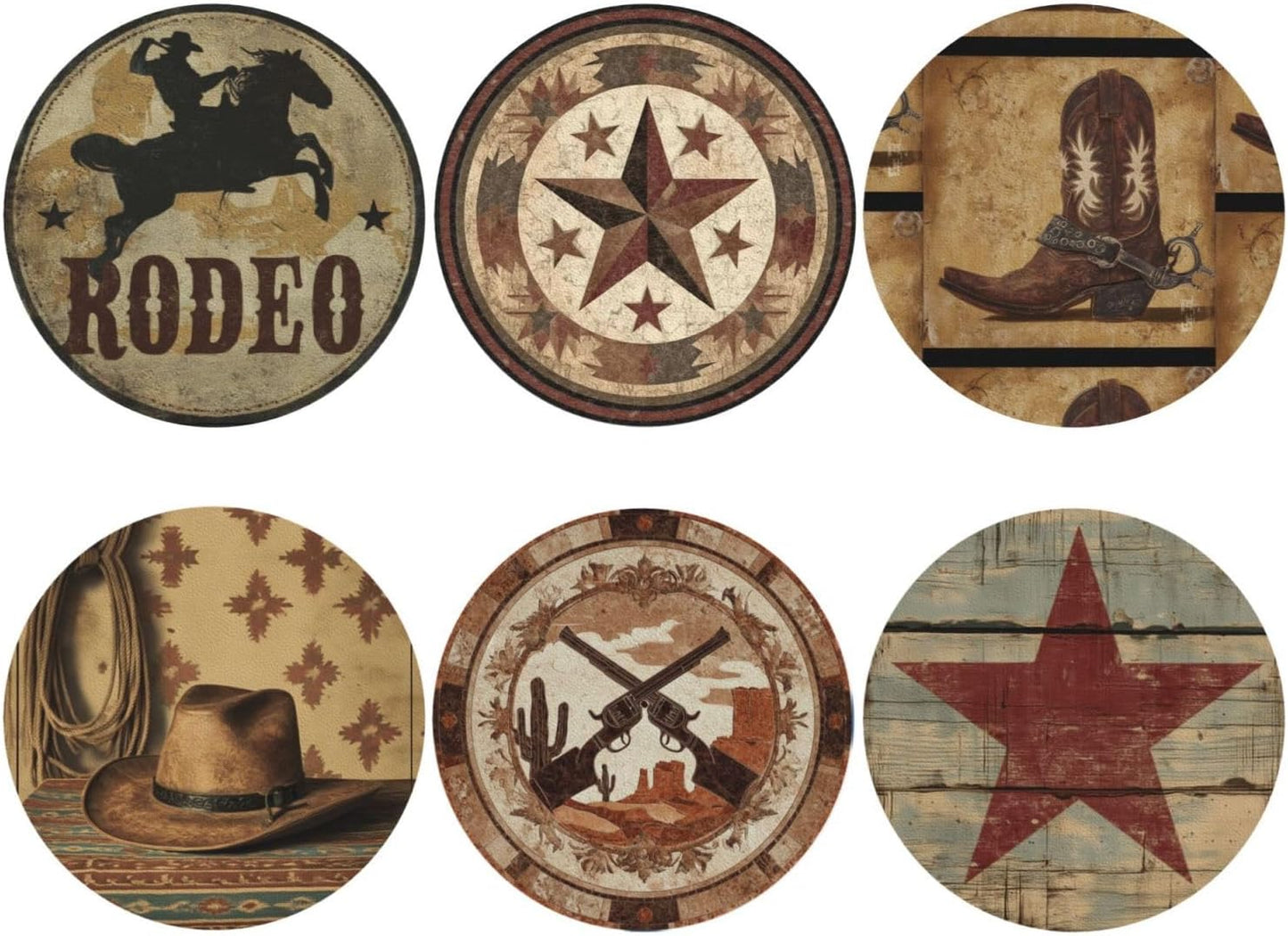 Holder Round Leather Coasters Cups Mugs Mat Pad / Western / Set of 6