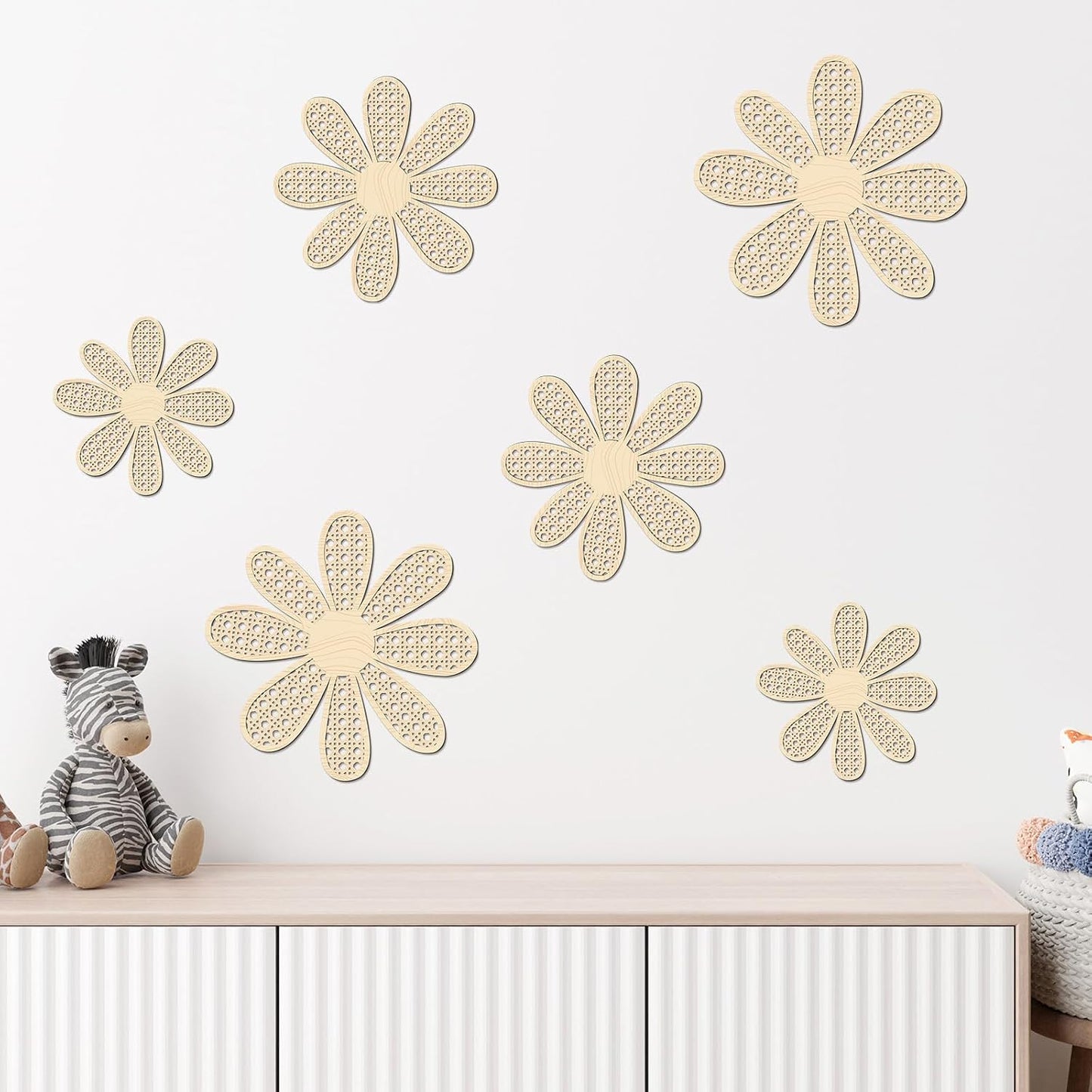 Boho Daisy Wall Decor Rattan Flower Wall Hanging Art Wooden Boho Art Nursery / Natural / Set of 6