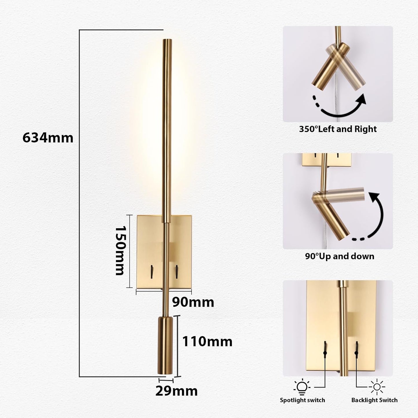 Modern Plug in Wall Sconce Indoor Ambient Lighting for Bedroom, Gold LED Wall Mounted Reading Lamp with Switch, Corded
