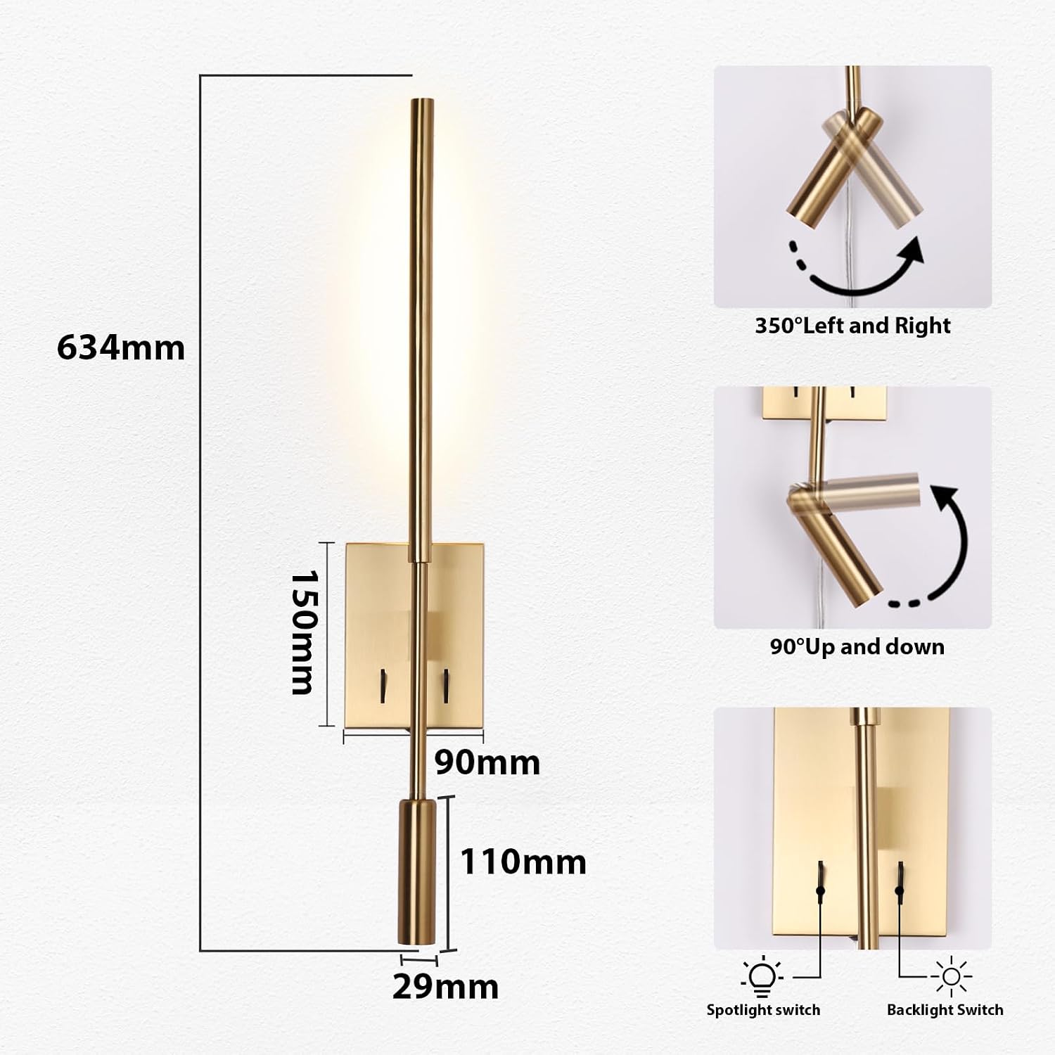Modern Plug in Wall Sconce Indoor Ambient Lighting for Bedroom, Gold LED Wall Mounted Reading Lamp with Switch, Corded