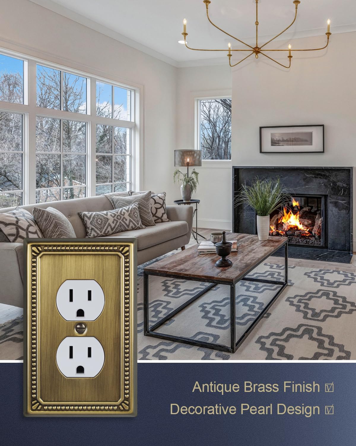 Switch Plates Outlet Covers, 6-Pack Antique Brass Metal Wall Plates | Midsize Beaded Duplex Outlet Cover, Fits Standard