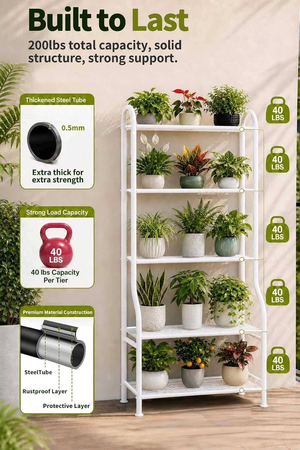 5-Tier Metal Plant Stand - Heavy Duty Indoor Outdoor Flower Shelf for Multiple Pots, 65" Tall Vertical Holder with